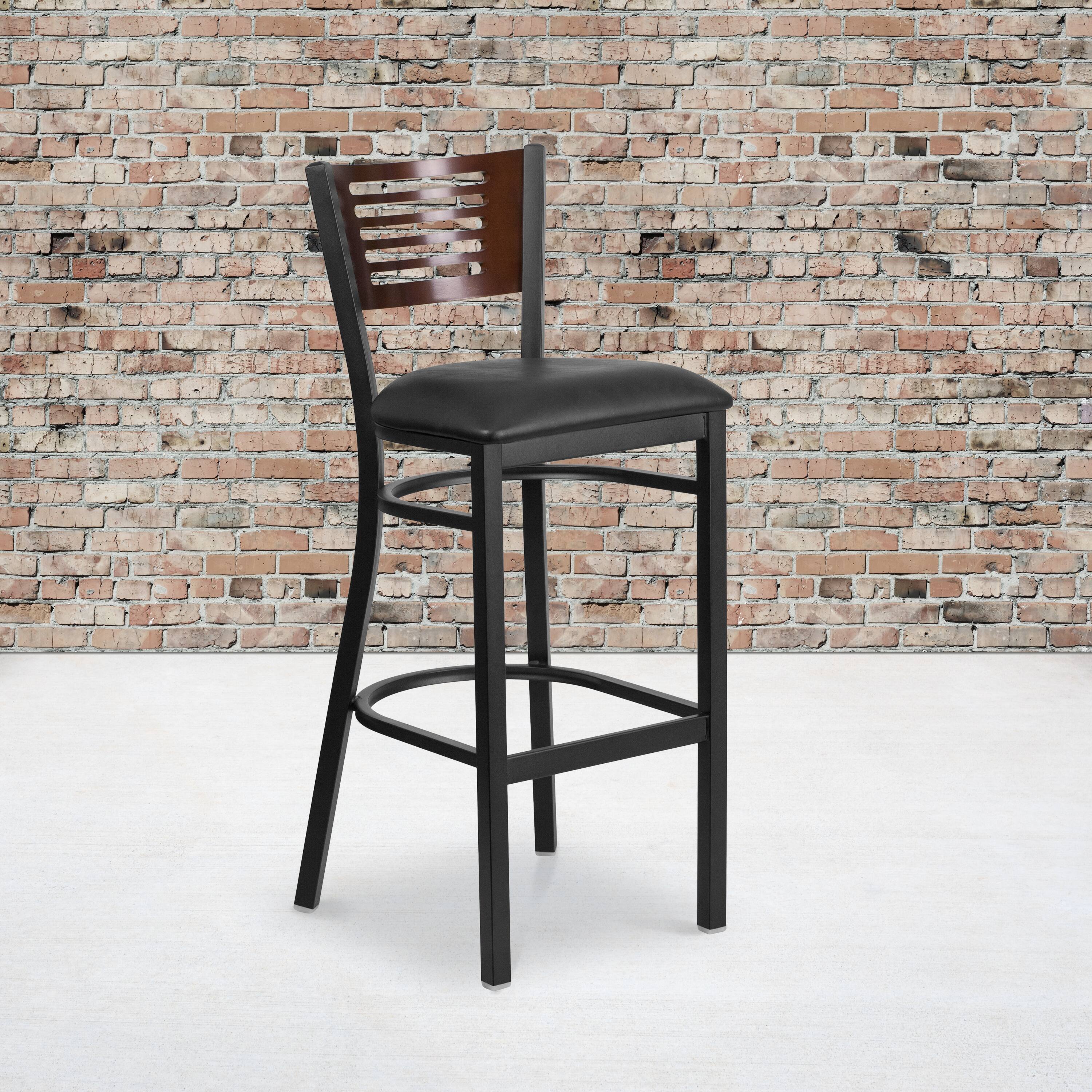 Alt View 1. Emma + Oliver - Decorative Slat Back Metal Restaurant Dining Barstool - Walnut Wood Back/Black Vinyl Seat/Black Metal.