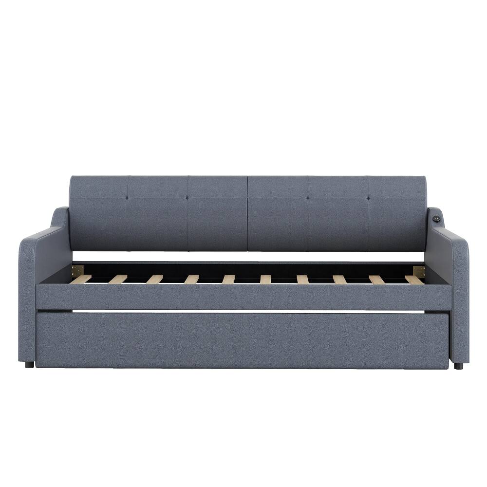 Alt View 8. Loheer - Loheer Twin Daybed with Pop-Up Trundle, Gray Upholstered Guest Bed with USB Port, Space-Saving Frame - Gray.