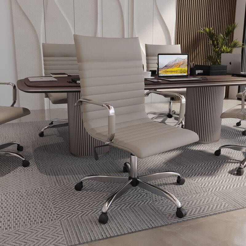 Angle. LeisureMod - Harris High-Back Office Chair, Leather Upholstery with Gold Metal Frame Modern Armless Desk Chair for Conference Seating - Tan.