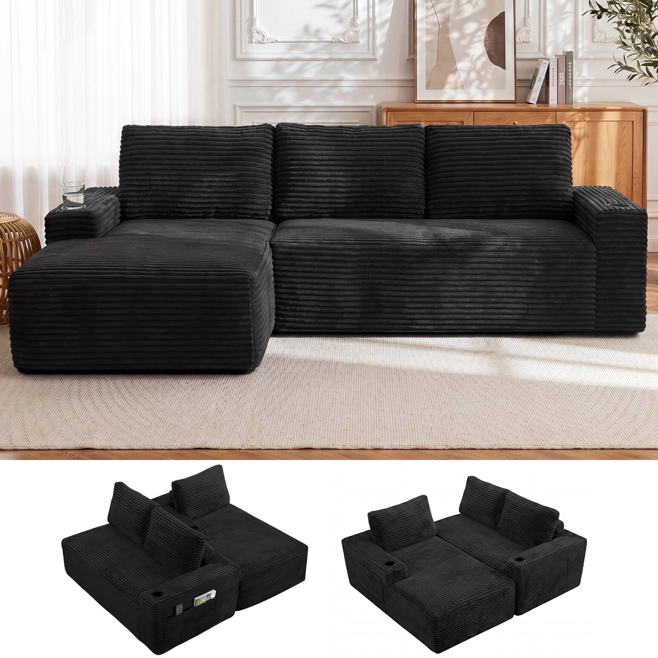 Angle. Anysun - 104" L-Shape Cloud Corduroy Sectional Couch – Modern Modular Sectional Sofa with Deep Seat, Left facing - Black.
