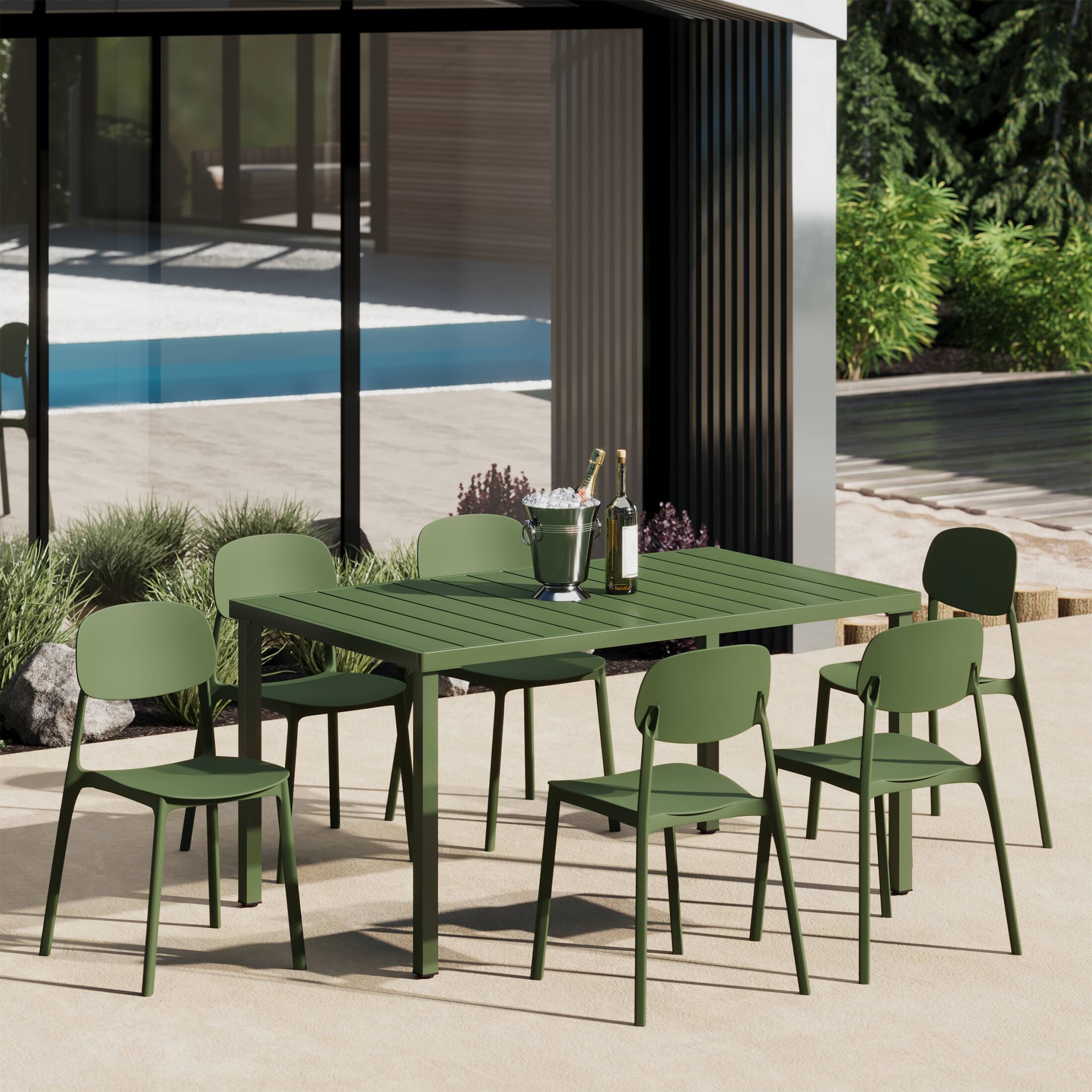Angle. WestinTrends - WestinTrends Playa 7-Piece Outdoor Metal Patio Dining Set with Stackable Chairs - Olive Green.