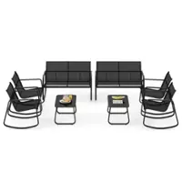 Costway 8 PCS Patio Rocking Rocking Chairs & Loveseat with Glass-Top Table Outdoor - Black - Front_Zoom