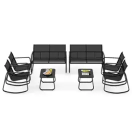 Costway - 8 PCS Patio Rocking Rocking Chairs & Loveseat with Glass-Top Table Outdoor - Black