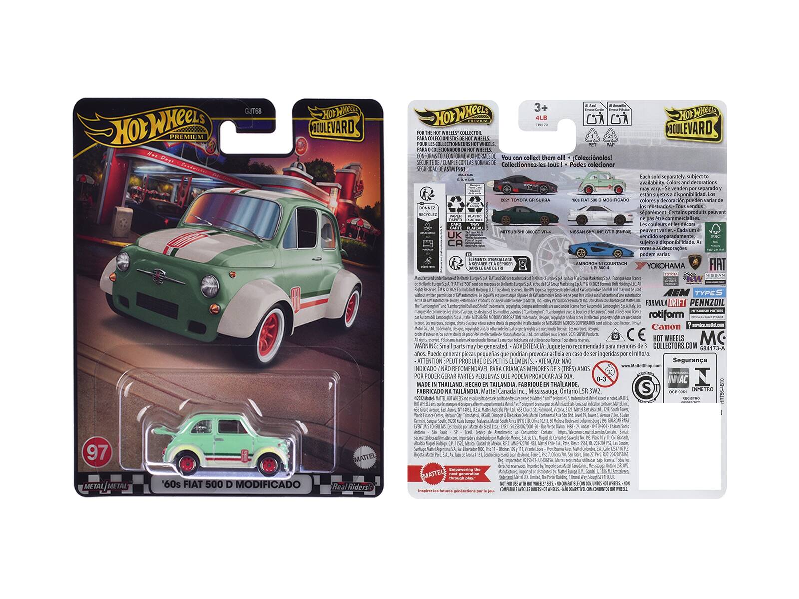 **Front Side:**

- Hot Wheels
- PREMIUM
- GJ768
- '60s FIAT 500 D MODIFICADO
- 97
- METAL/METAL
- Real Riders
- BULEVARD

**Back Side:**

- Hot Wheels
- BULEVARD
- 3+
- 4LB
- TPN 20
- Each sold separately, subject to availability. Colors and decorations may vary.
- You can collect them! Coleccionalos! Collectionne-les! Podes coleccionar! Collect them all!
- 97 '60s FIAT 500 D MODIFICADO
- 2021 TOYOTA GR SUPRA
- NISSAN SKYLINE GT-R (R34)
- YOKOHAMA
- PENNZOIL FORMULA DRIFT
- Canon
- HOT WHEELS.COM
- MATTEL
- 97
- METAL/METAL
- Real Riders
- BULEVARD
- 3+
- 4LB
- TPN 20
- Each sold separately, subject to availability. Colors and