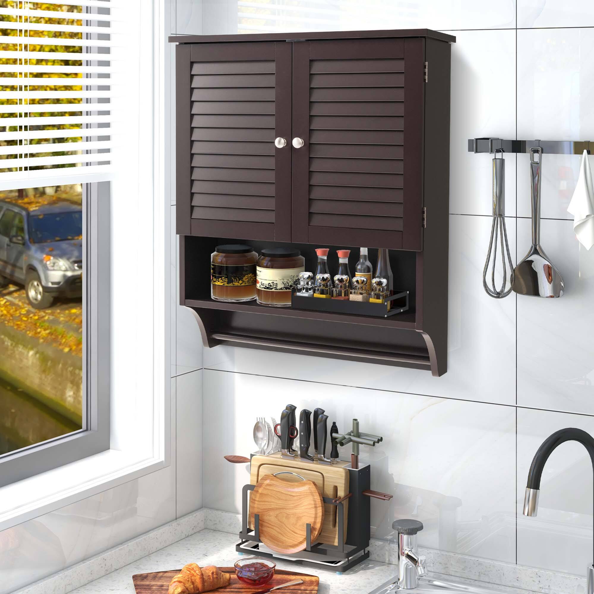 Alt View 1. Costway - Costway Bathroom Wall Mounted Medicine Cabinet with Louvered Doors & Towel Bar Espresso - Espresso.