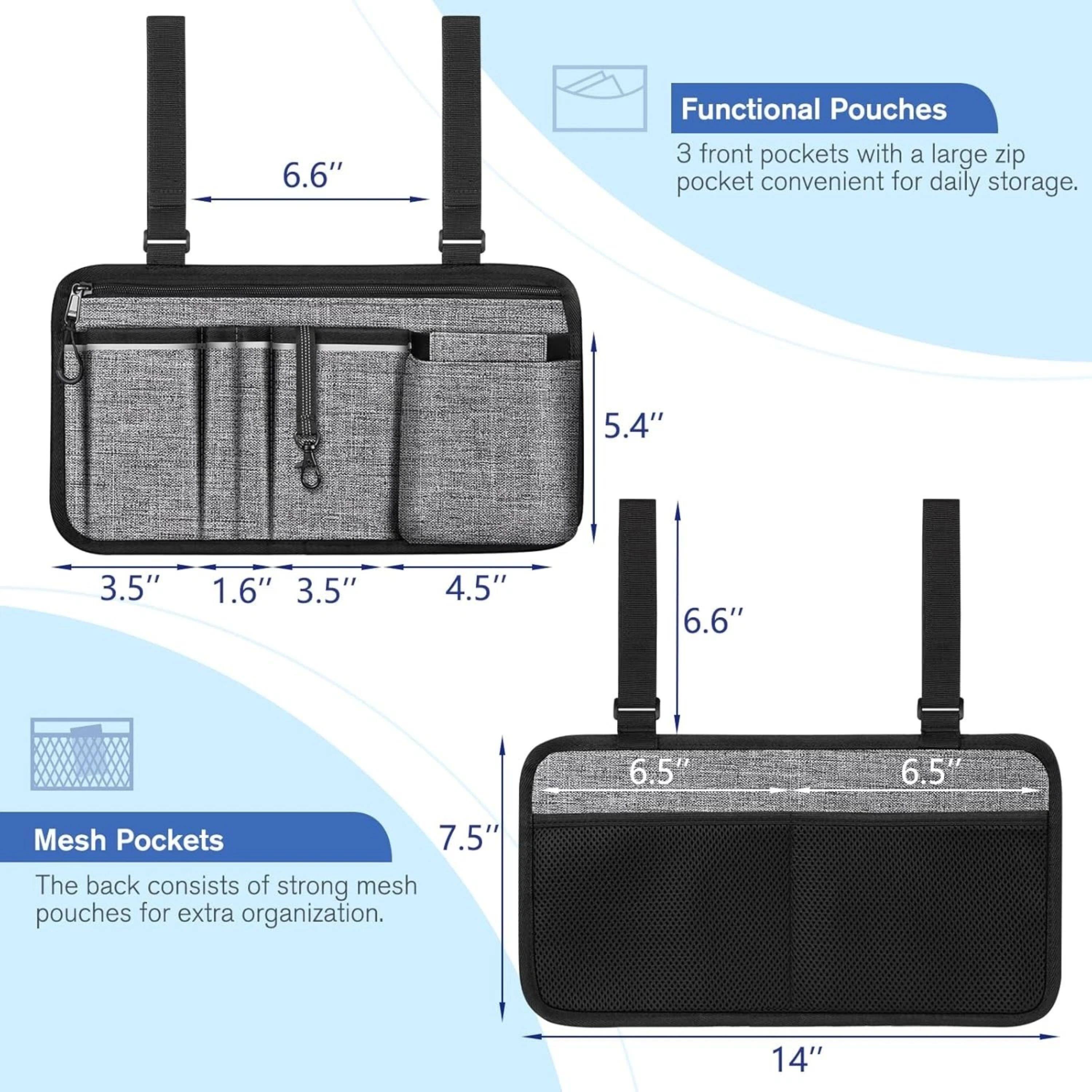 6.6" Functional Pouches  
3 front pockets with a large zip pocket convenient for daily storage.  

5.4" 3.5" 1.6" 3.5" 4.5" 6.6" 6.5" 6.5"  

Mesh Pockets  
7.5"  

The back consists of strong mesh pouches for extra organization.  

14"