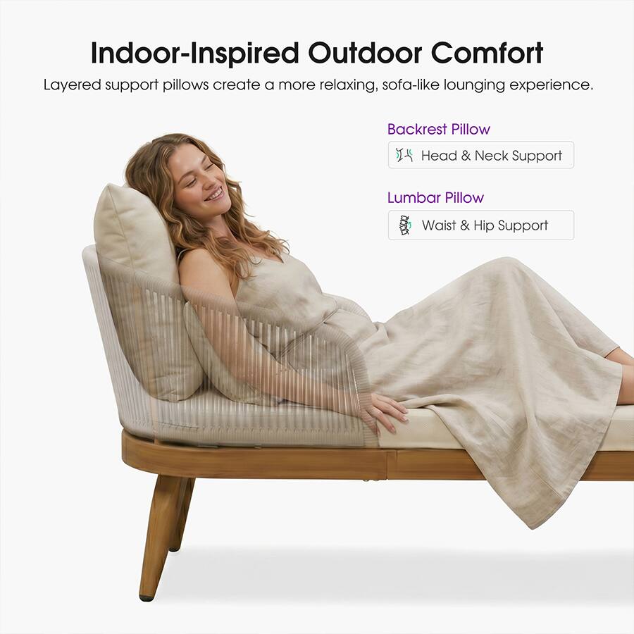 Indoor-Inspired Outdoor Comfort

Layered support pillows create a more relaxing, sofa-like lounging experience.

- Backrest Pillow
  - Head & Neck Support
- Lumbar Pillow
  - Waist & Hip Support