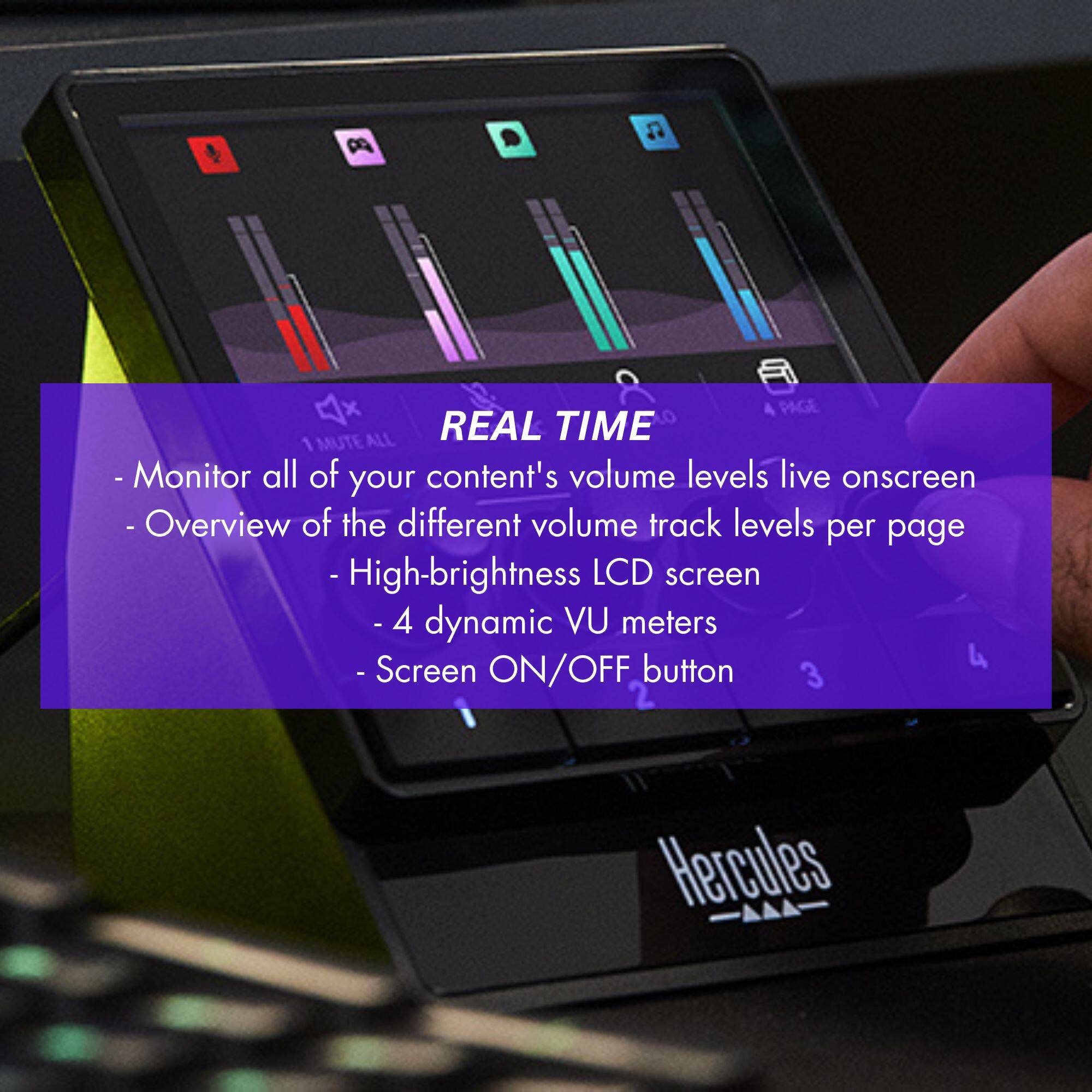 The text on the image is grouped and corrected as follows:
1. Monitor all of your content's volume levels live onscreen
2. Overview of the different volume track levels per page
3. High-brightness LCD screen
4. 4 dynamic VU meters
5. Screen ON/OFF button