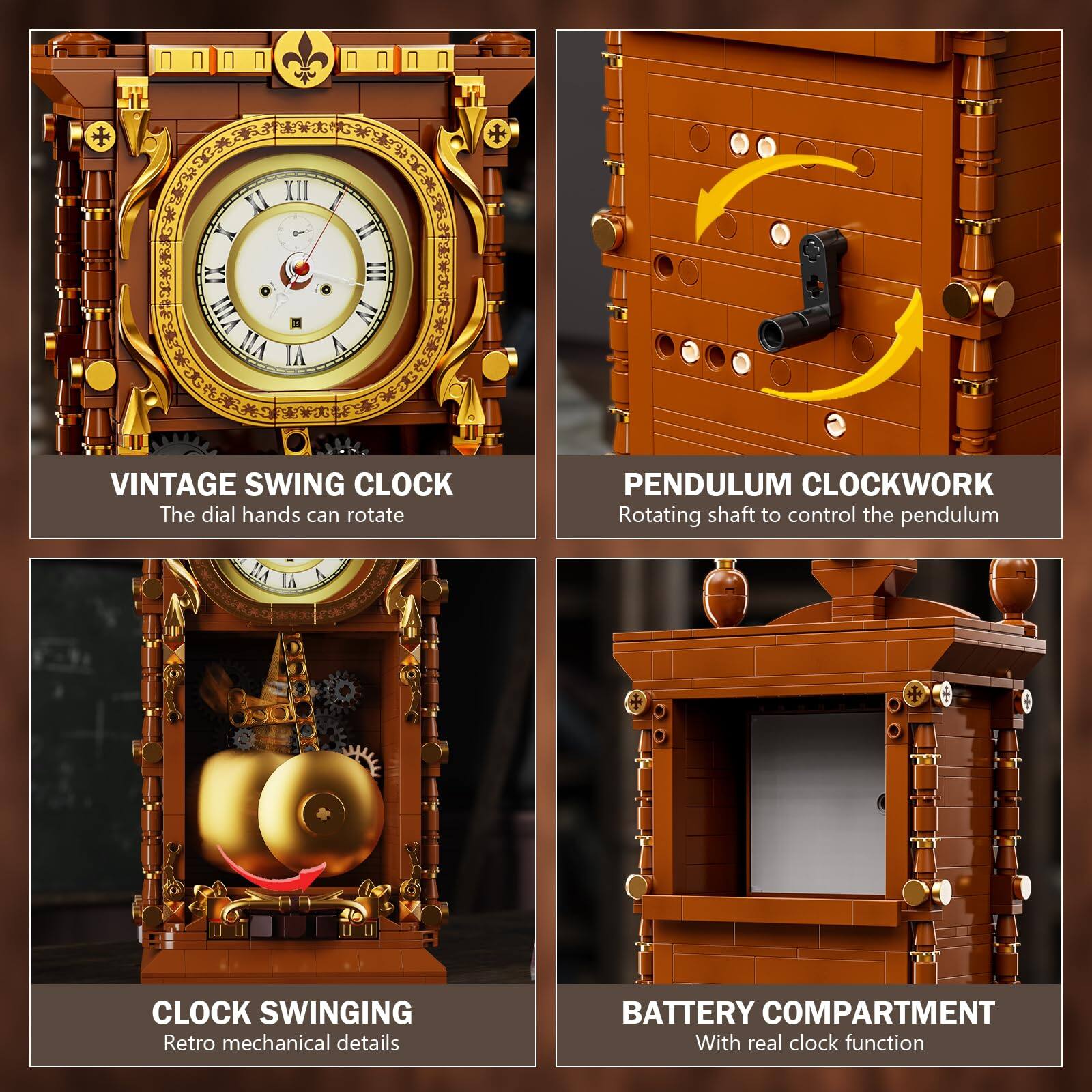 - VINTAGE SWING CLOCK  
  The dial hands can rotate

- PENDULUM CLOCKWORK  
  Rotating shaft to control the pendulum

- CLOCK SWINGING  
  Retro mechanical details

- BATTERY COMPARTMENT  
  With real clock function