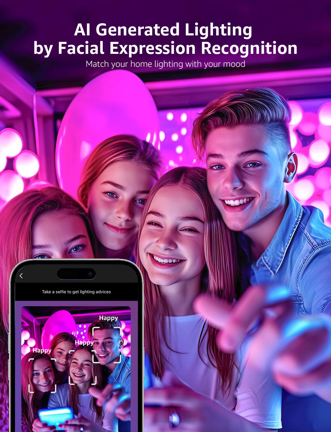 AI Generated Lighting by Facial Expression Recognition: Match your home lighting with your mood. Take a selfie to get lighting advice. Happy Happy Happy.