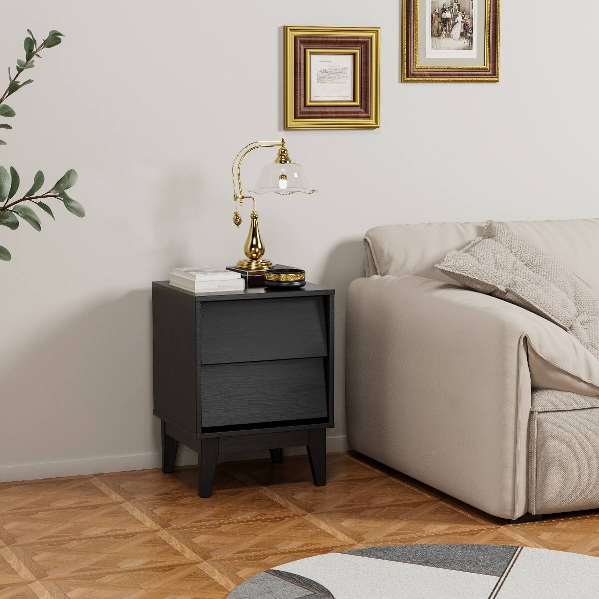 Back. Loheer - Loheer Set of 2 Black Nightstands, Mid Century Modern Nightstand Set with Drawers - Black.
