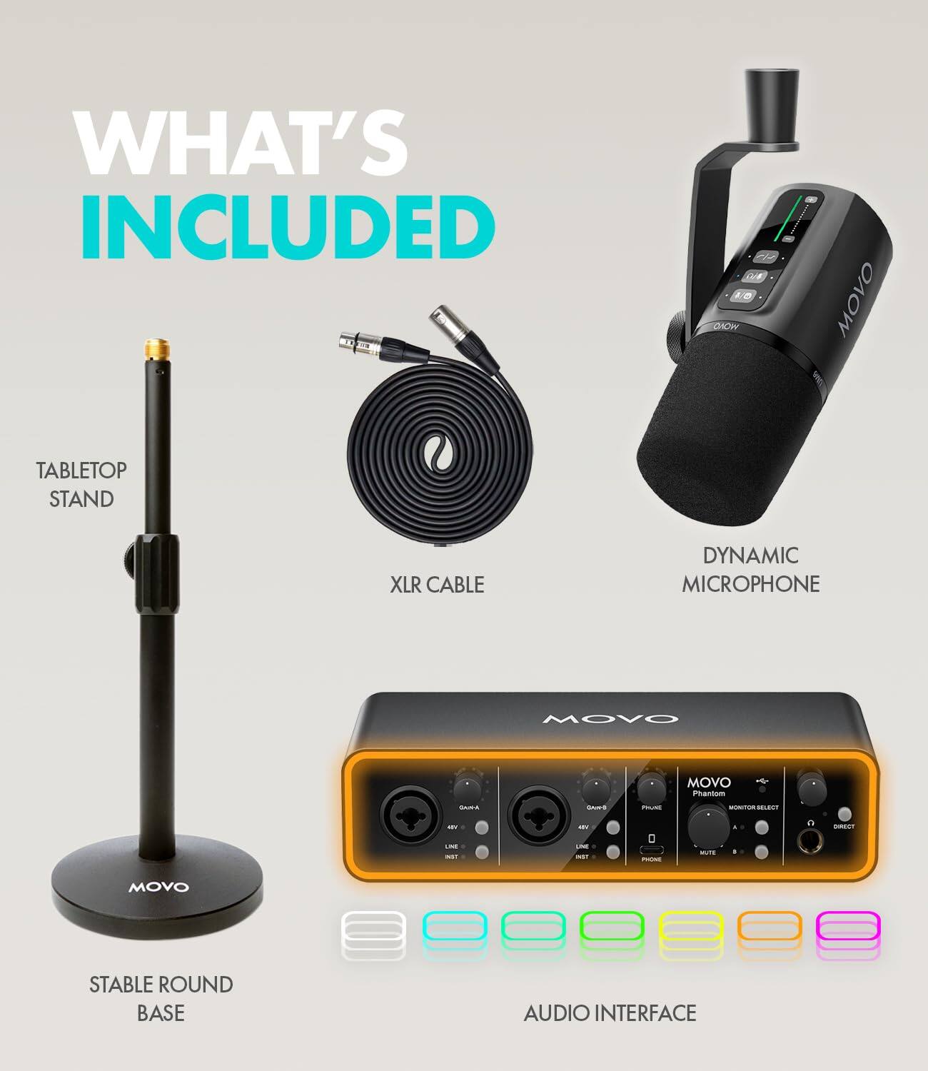 WHAT'S INCLUDED

- TABLETOP STAND
- XLR CABLE
- DYNAMIC MICROPHONE
- STABLE ROUND BASE
- AUDIO INTERFACE
