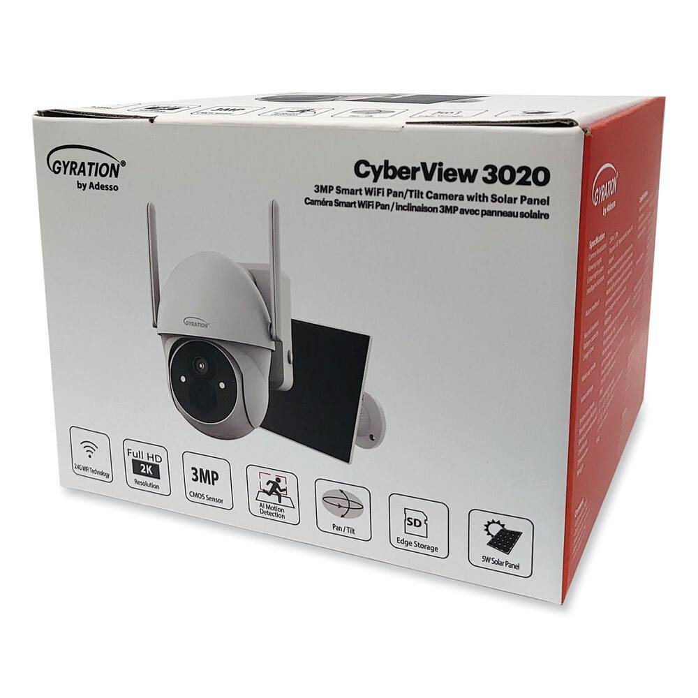 GYRATION by Adesso

CyberView 3020  
3MP Smart WIFI Pan/Tilt Camera with Solar Panel  
Caméra Smart WIFI Pan/Inclinaison 3MP avec panneau solaire

- Full HD 2K Resolution
- 3MP CMOS Sensor
- AI Motion Detection
- Pan/Tilt
- SD Edge Storage
- SW Solar Panel

4G WIFI Technology