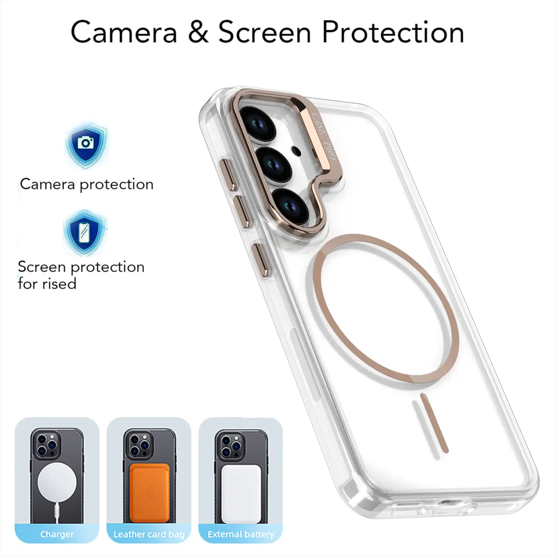 Camera & Screen Protection

- Camera protection
- Screen protection for raised

- Charger
- Leather card bag
- External battery