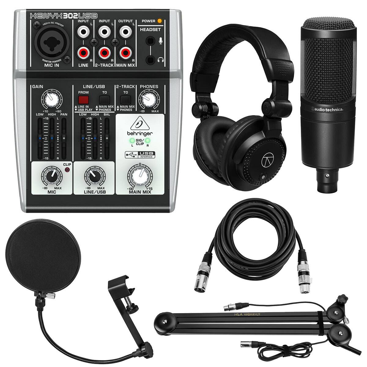 XENYX 302USB

INPUT L R
OUTPUT L R
POWER
HEADSET

MIC IN
LINE
2-TRACK
MAIN MIX

GAIN
LINE/USB
2-TRACK
PHONES

FROM
TO
TO

LINE IN
MAIN MIX
MAIN MIX
PHONES

LOW
HIGH
PAN

LOW
HIGH
BAL

CLIP
CLIP

behringer
SIG/CLIP
USB INTERFACE

audio-technica

H.S.A. HA-EAW10R