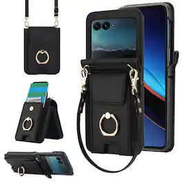Dteck - For Motorola Razr (2024) Shockproof Leather Ring Kickstand Protective Wallet Case with Shoulder Strap / Lanyard - Black