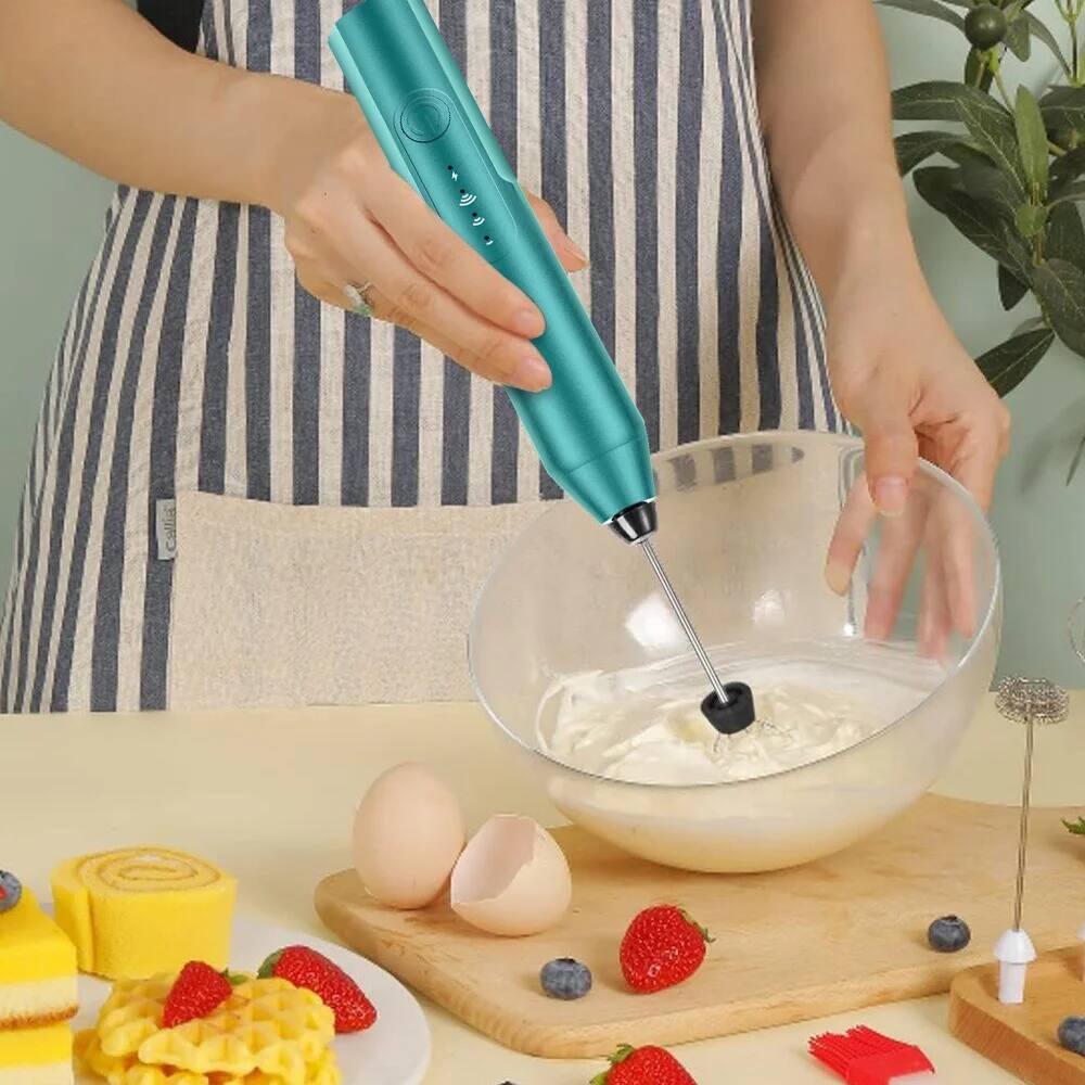 Alt View 3. MOVSSOU - Handheld Milk & Coffee Frother Electric Mini Blender Stainless Steel Drink Mixer - Light Blue.