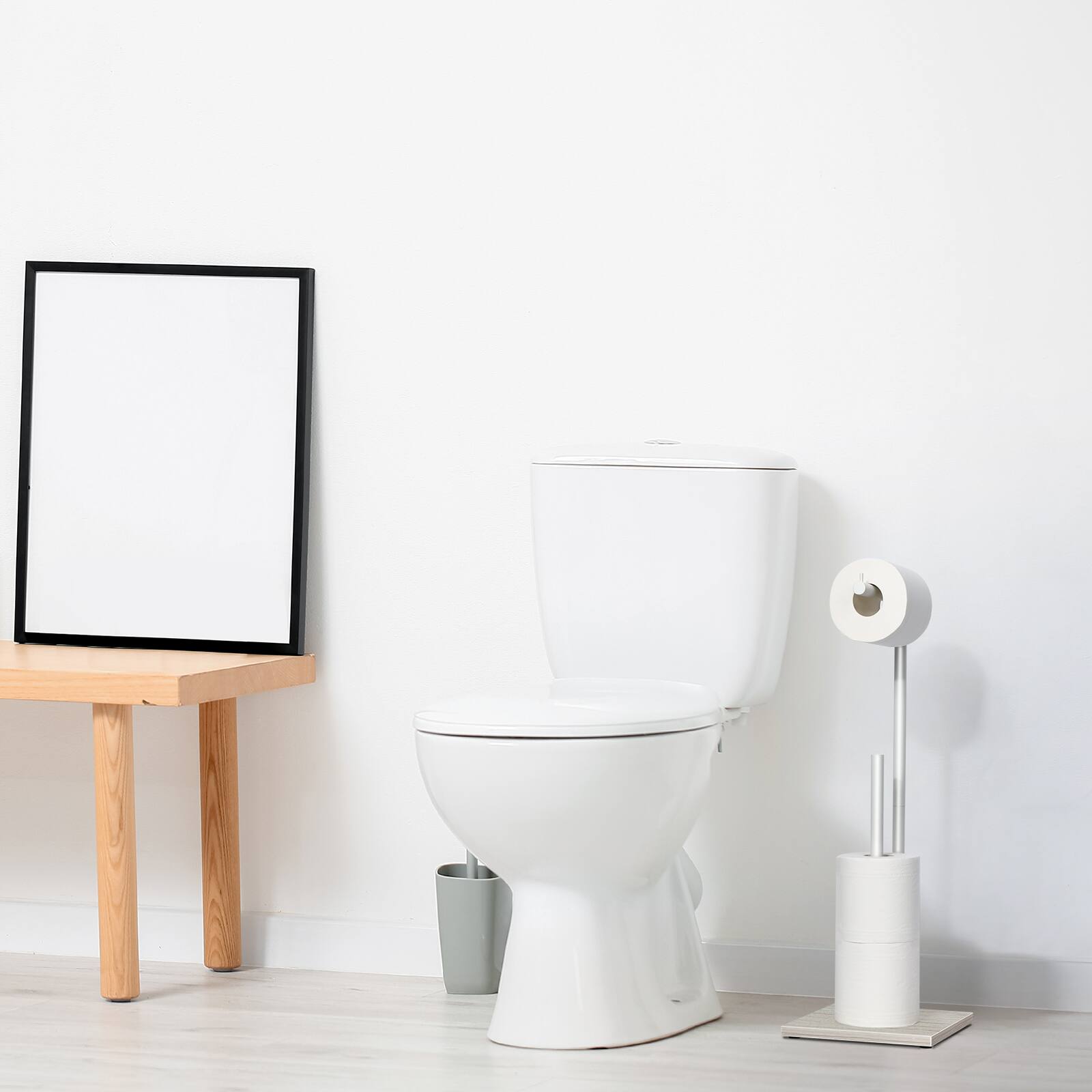 Alt View 3. Oumilen - Paper Towel Holder with White Oak Wood Base, 2-in-1 Standing Toilet Roll Storage Rack for Bathroom Kitchen.