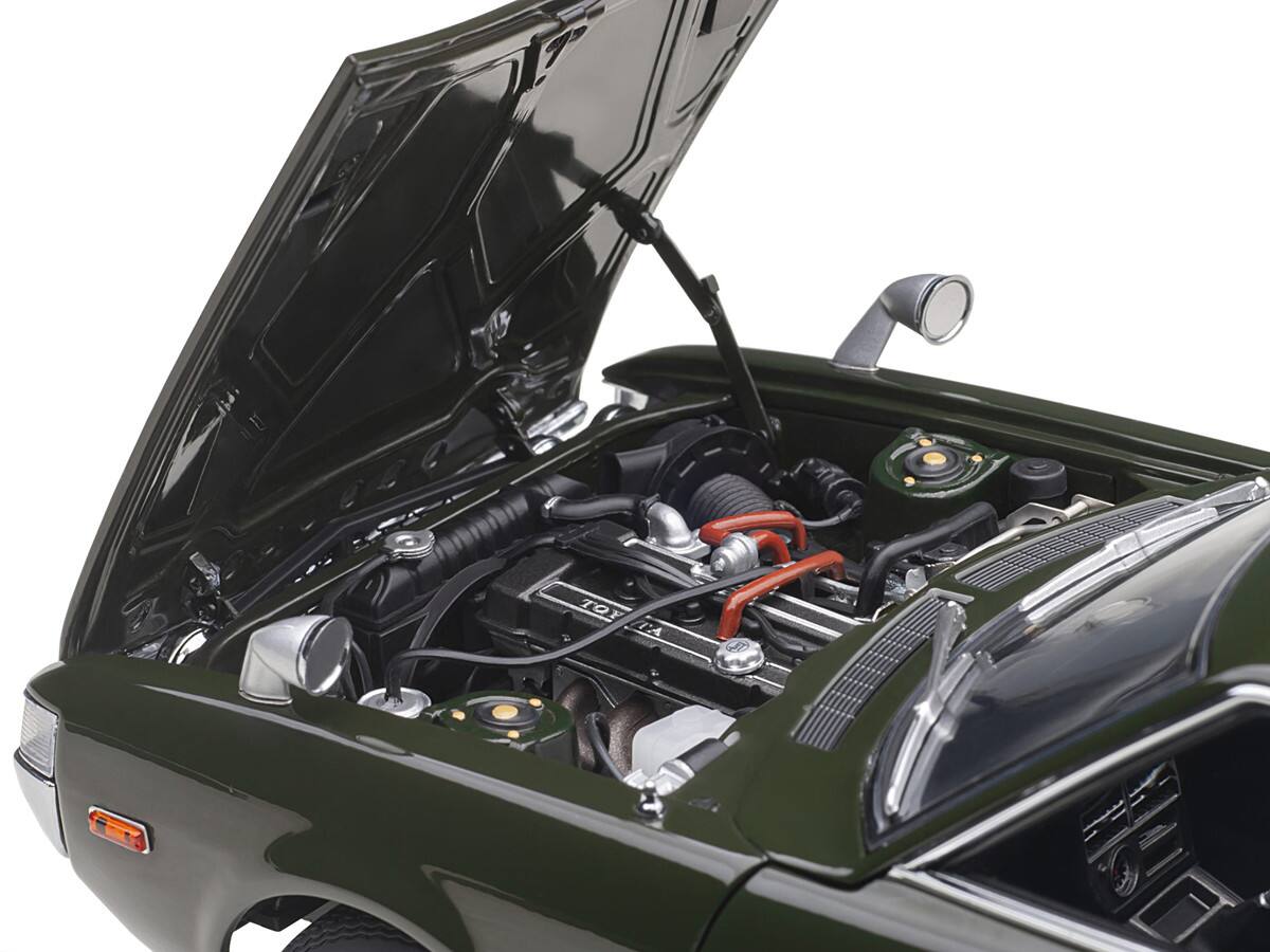 Angle. Autoart - 1973 Toyota Celica Liftback 2000GT (RA25) RHD (Right Hand Drive) Moss Green 1/18 Model Car by Autoart - Moss Green.