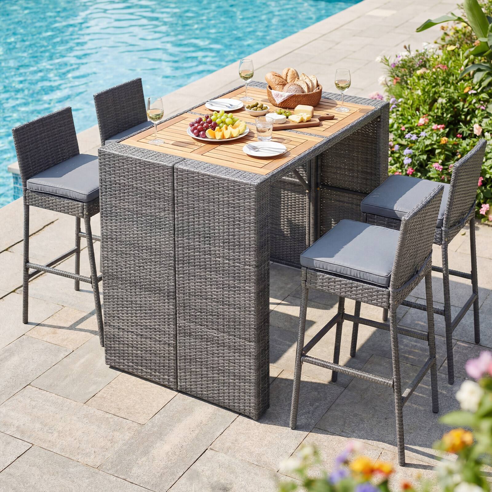 Alt View 3. Costway - Costway 5-Piece Patio PE Wicker Bar Set with Backrest and Footrest for Garden, Poolside - Mix Gray + Gray.
