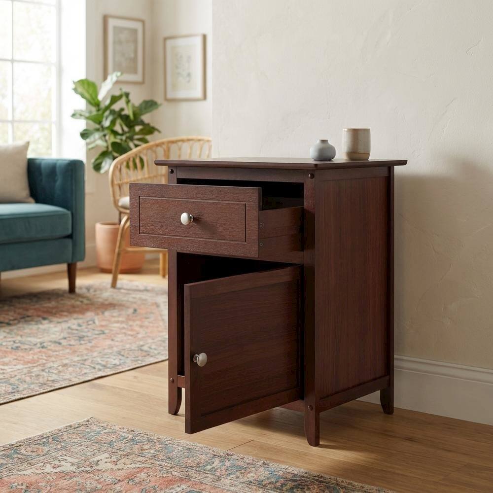 Alt View 3. FurniFact - Farmhouse End Table With Storage in Walnut Finish, Wooden Side Table And Drawer - Walnut.