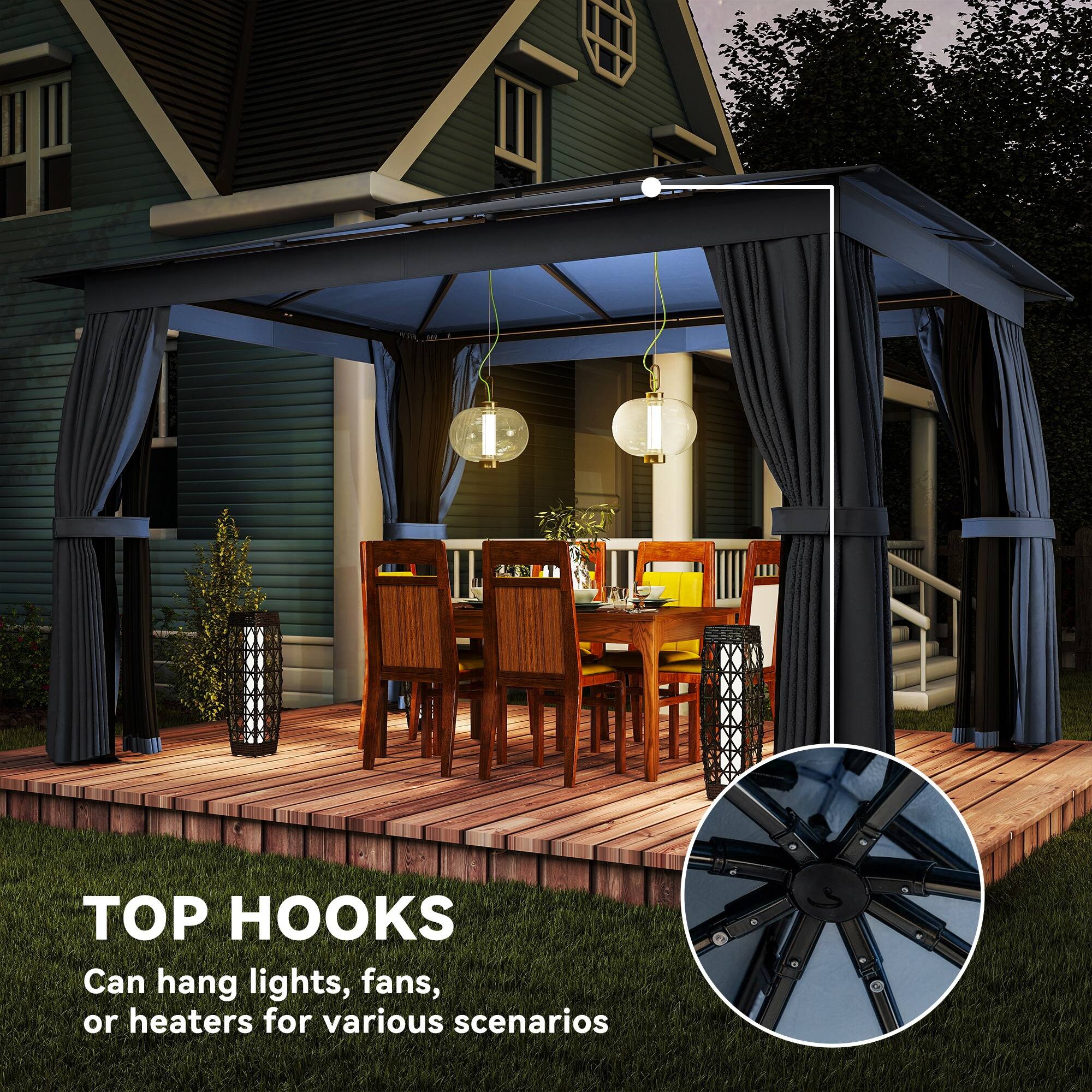 TOP HOOKS  
Can hang lights, fans, or heaters for various scenarios