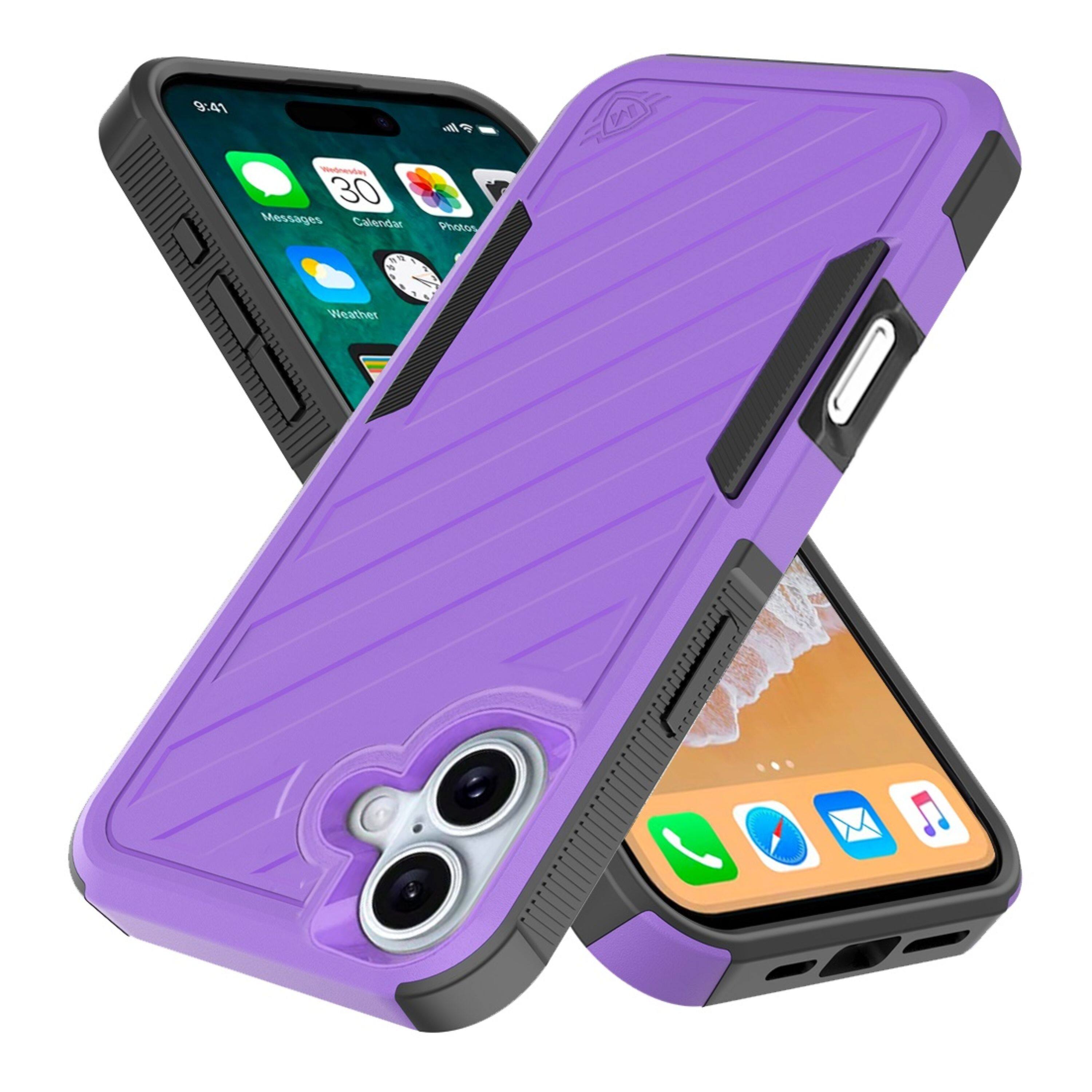 Kitcheniva - Shockproof Dual Layer Lined Phone Case With Tempered Glass For iPhone 16 Plus - Dark Purple/Black