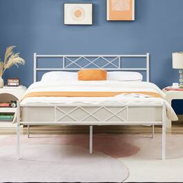 Vecelo - Modern Sturdy Full Size Metal Bed Frame with Storage, Headboard & Footboard, Noise-Free Platform Bed - Full White