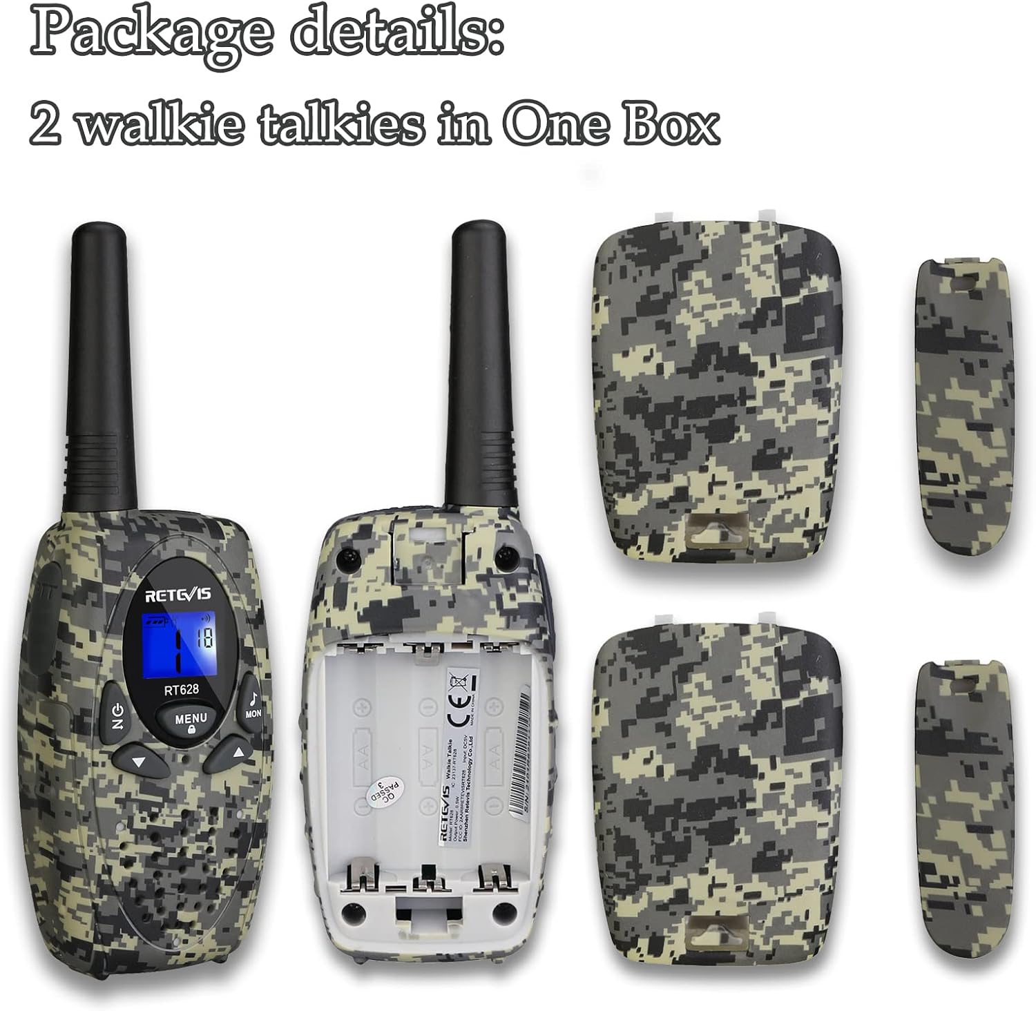 Package details: 2 walkie talkies in One Box RETEVIS N 8 RT628 MENU a 1 MON DRLENA GC Cad CEA I 9AOH