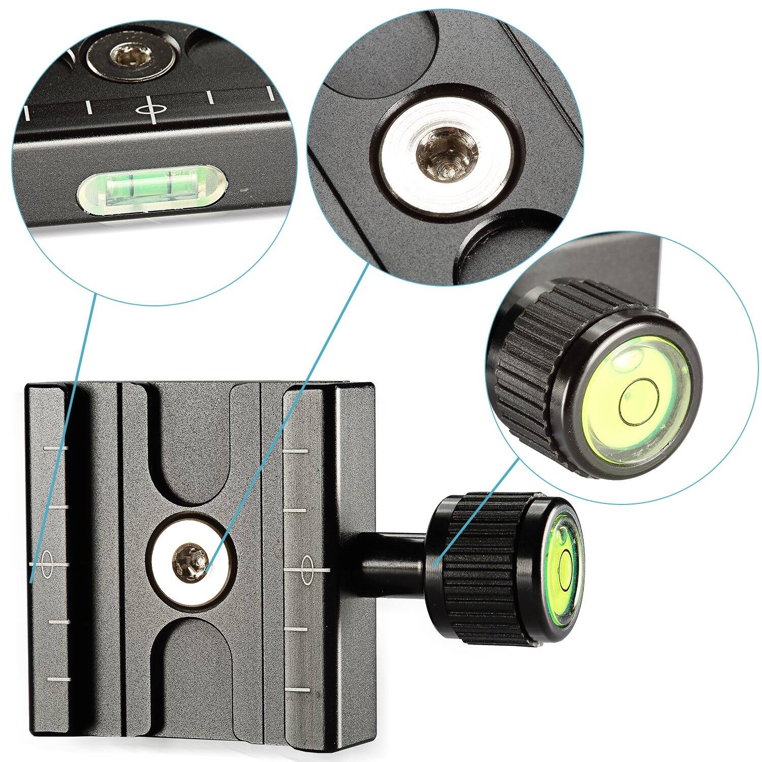 Alt View 2. Neewer - 50mm Aluminum Quick Release Clamp, 3/8" with 1/4" Adapter, Built-in Bubble Level.