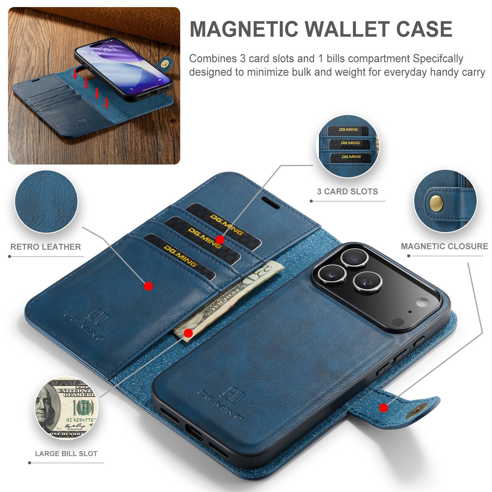 MAGNETIC WALLET CASE  
Combines 3 card slots and 1 bills compartment  
Specifically designed to minimize bulk and weight for everyday handy carry  

- RETRO LEATHER  
- 3 CARD SLOTS  
- MAGNETIC CLOSURE  
- LARGE BILL SLOT