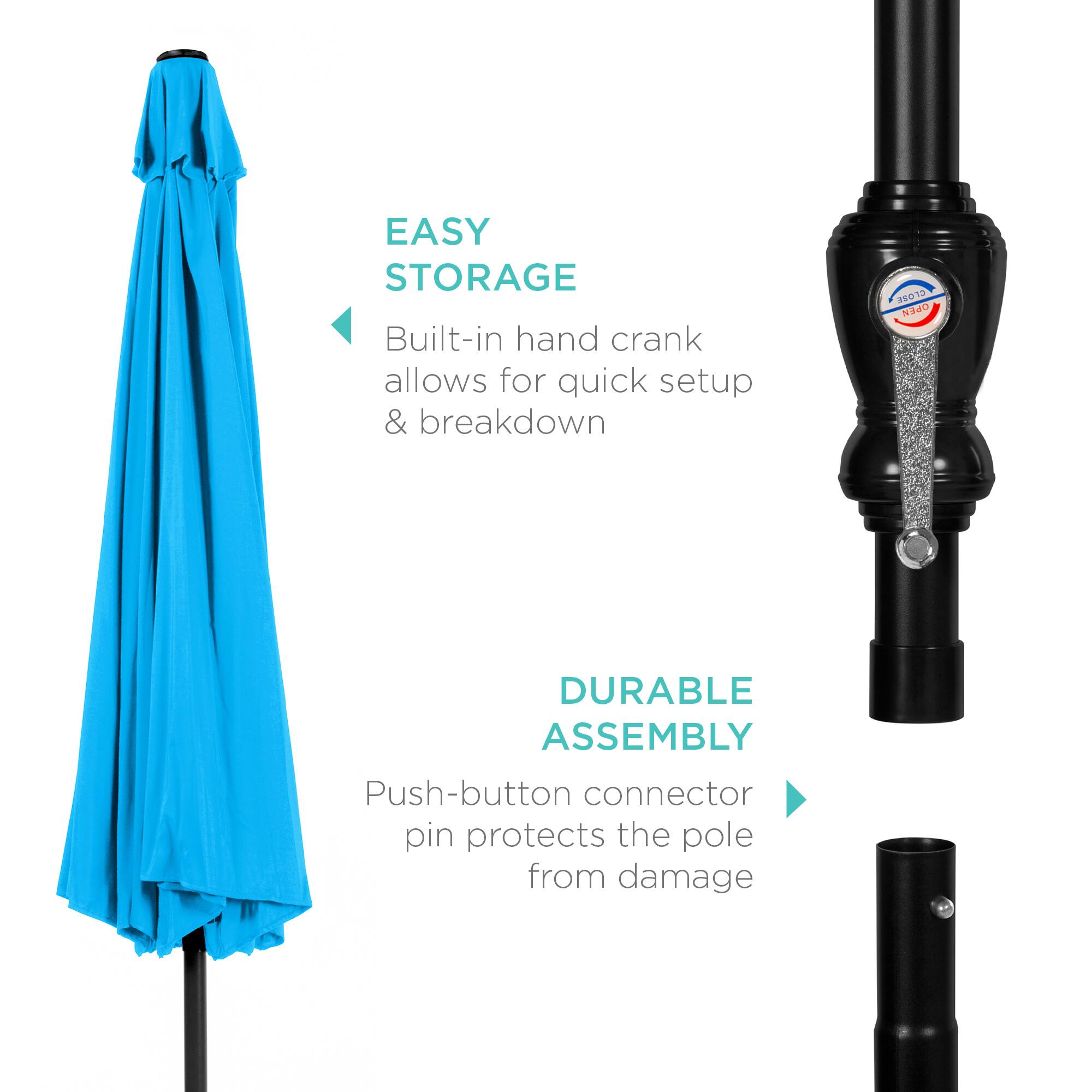 EASY STORAGE  
Built-in hand crank allows for quick setup & breakdown  

DURABLE ASSEMBLY  
Push-button connector pin protects the pole from damage