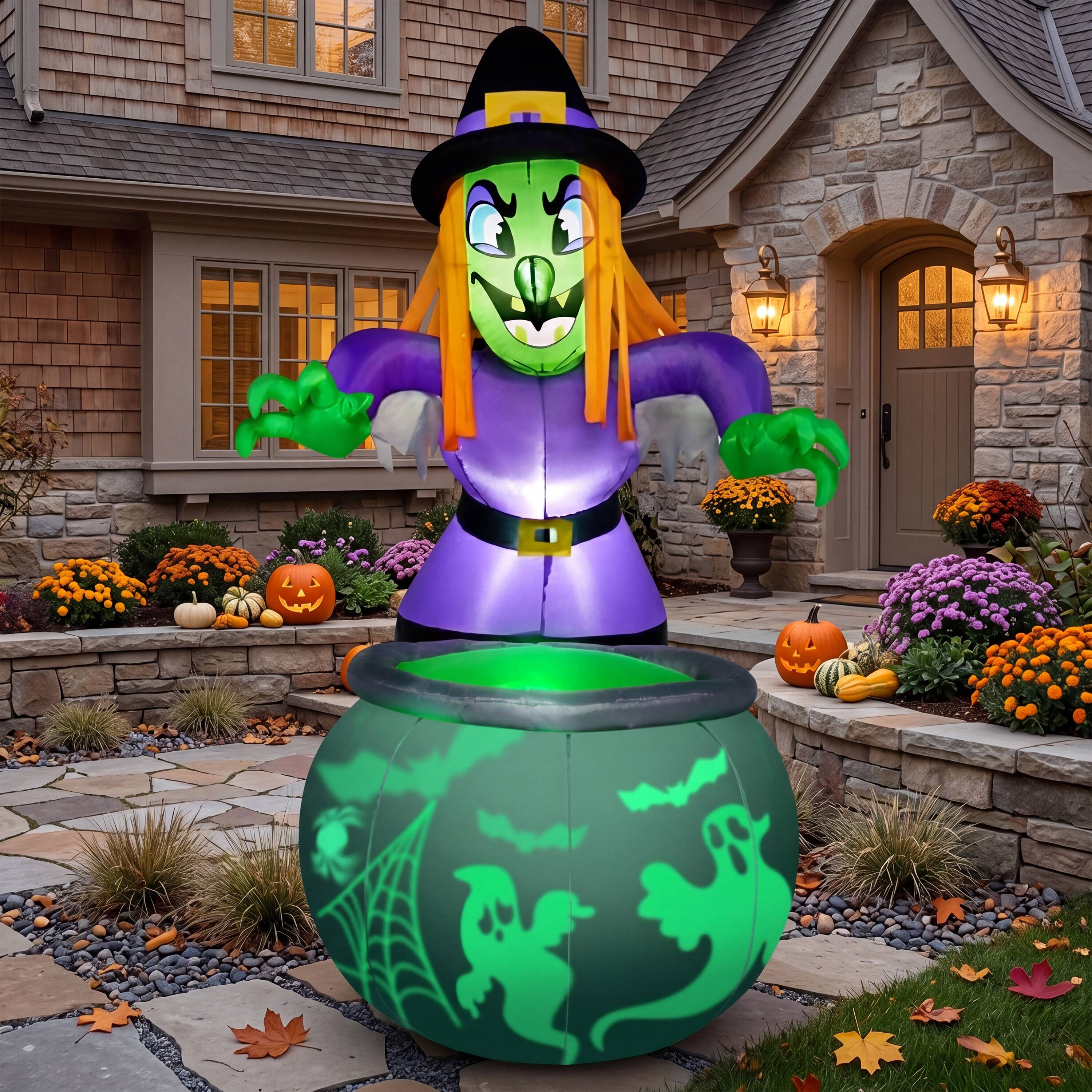 Alt View 1. Joyfy - 6FT Halloween Inflatable Witch & Cauldron with LED Rotating Projection Light for Outdoor Yard Decor - White.