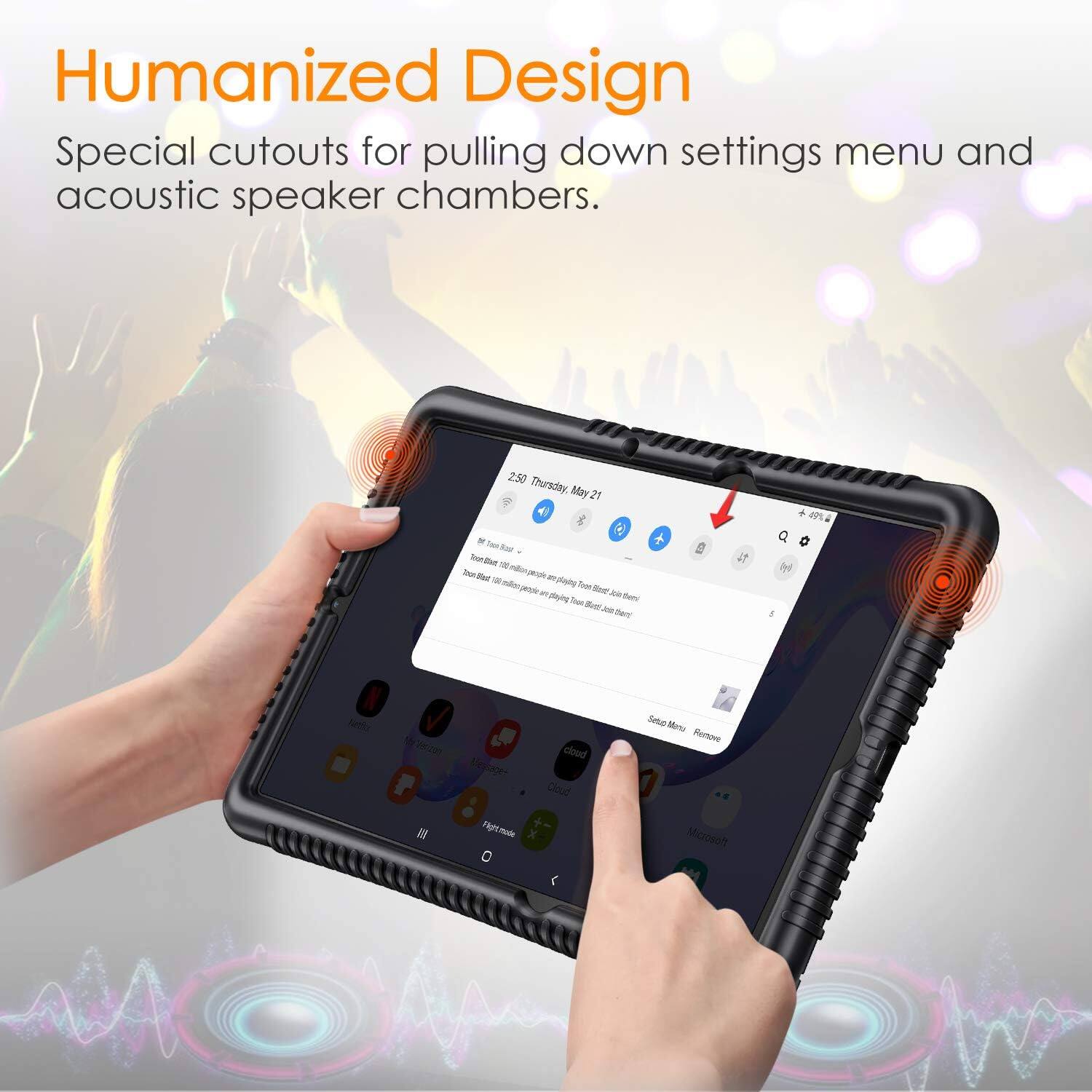 Humanized Design  
Special cutouts for pulling down settings menu and acoustic speaker chambers.

2:50 Thursday, May 21  
Total Bag Toon Blaut 50 Toon Wast millow people w playing Total ift Bast on playing will them! . acid Inst  
49% Q  
NetSur  
Verizon Memage+  Fightmode 0  
cloud Cloud  
Setup Manu Remove Microsoft