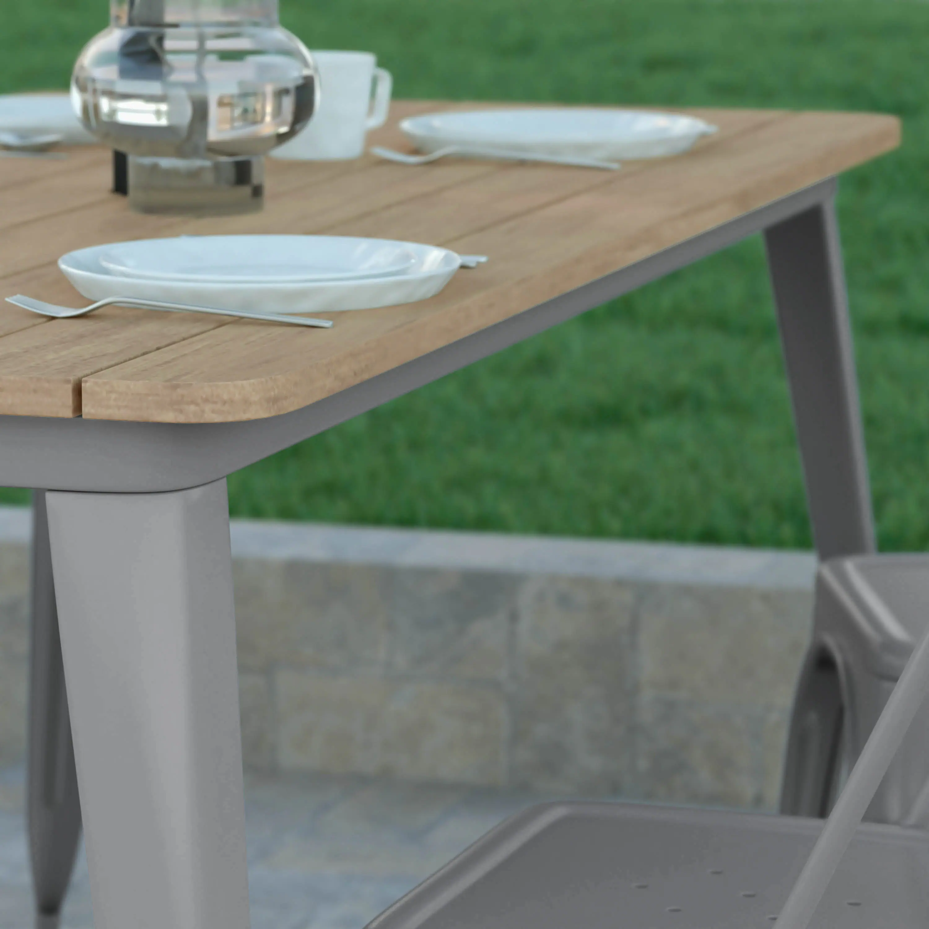 Alt View 4. Emma + Oliver - 30"x60" RECT Poly Resin Restaurant Table with Umbrella Hole - Brown Top/Silver Frame.