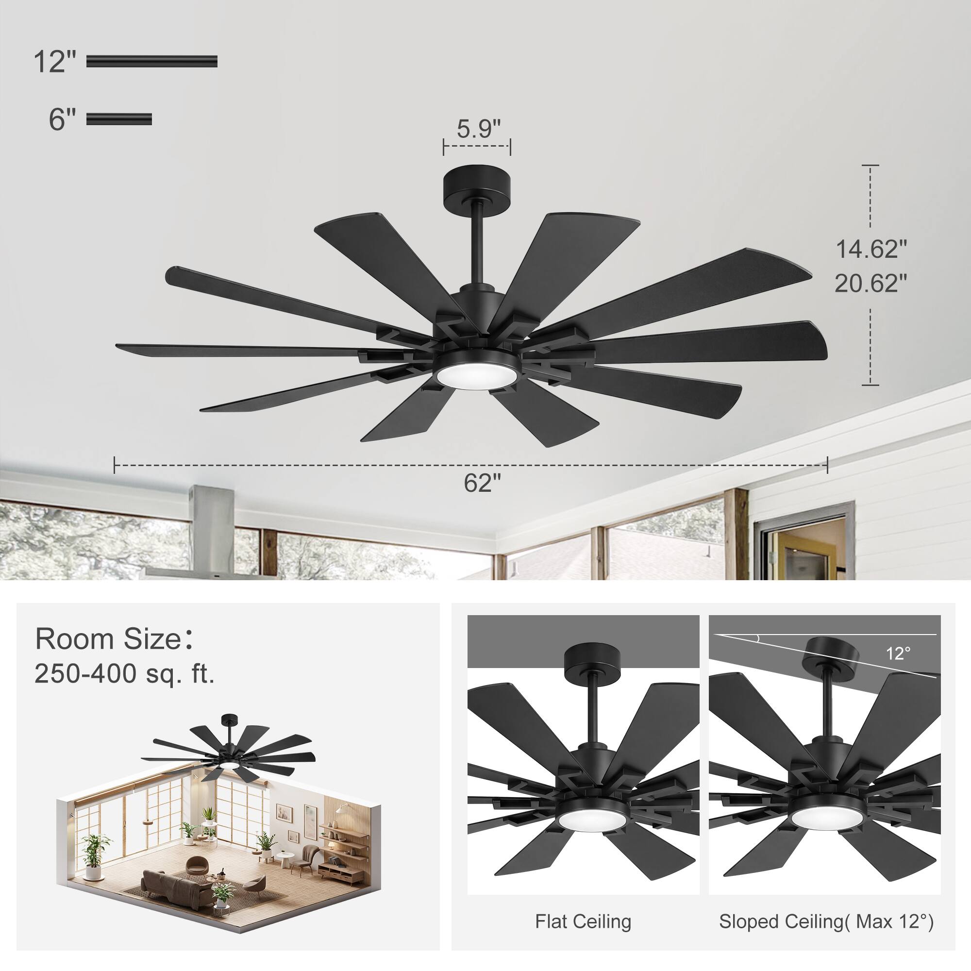 12"  
6"  
5.9"  
14.62"  
20.62"  
62"  

Room Size: 250-400 sq. ft.  

Flat Ceiling  
Sloped Ceiling (Max 12°)