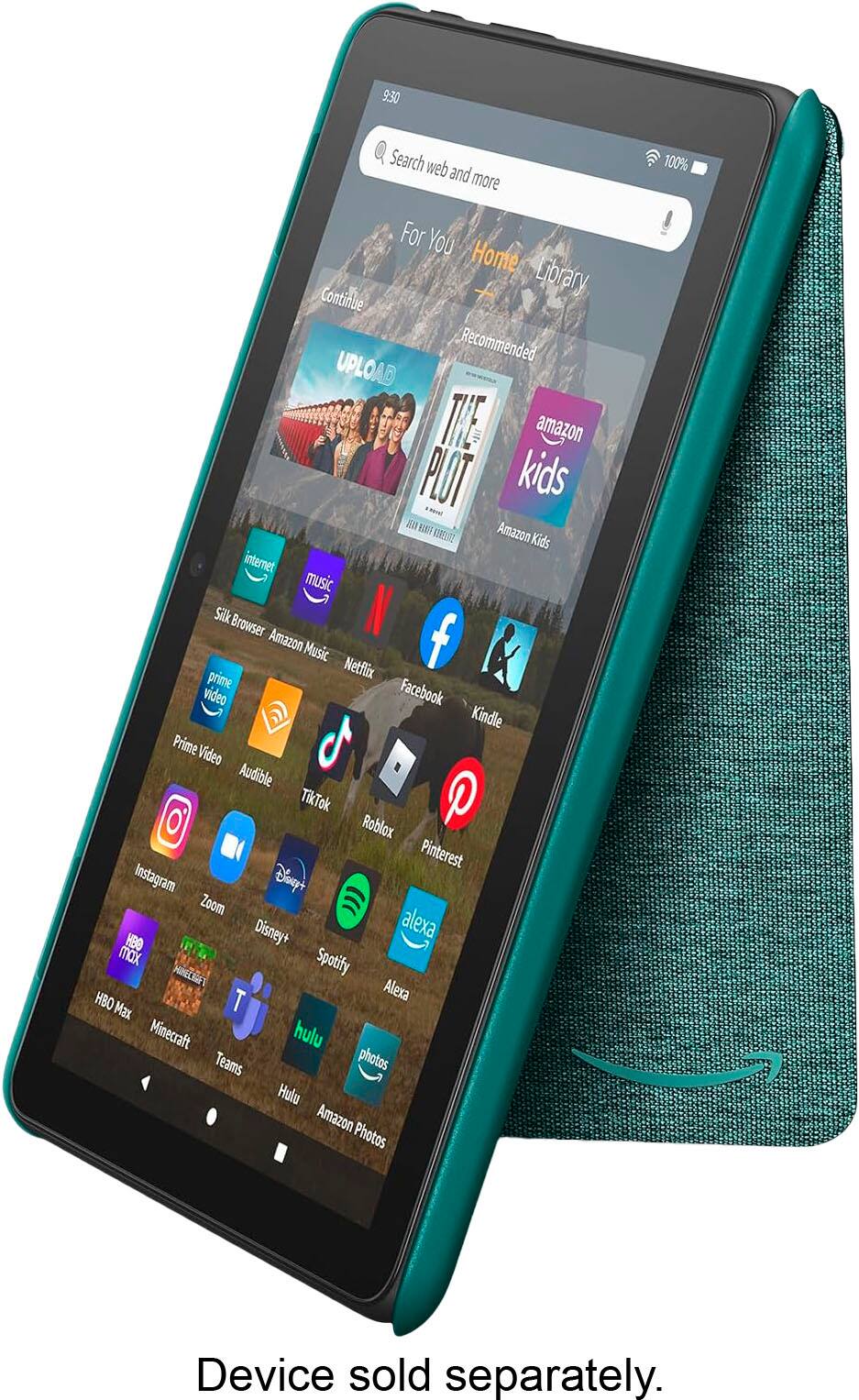 The image shows a device with a screen displaying various apps, including Amazon Kids, Netflix, Prime Video, Audible, TikTok, Roblox, Pinterest, Instagram, and Spotify. The device is described as a "tablet" and is being sold separately. The image also includes a close-up view of the device, showcasing its features and apps.