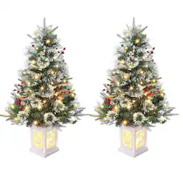 Acekool - Clearance! 2 Pcs 3FT Prelit Artificial Desktop Christmas Tree with Deer Lightbox, Snow Flocked, Tabletop Set - Green