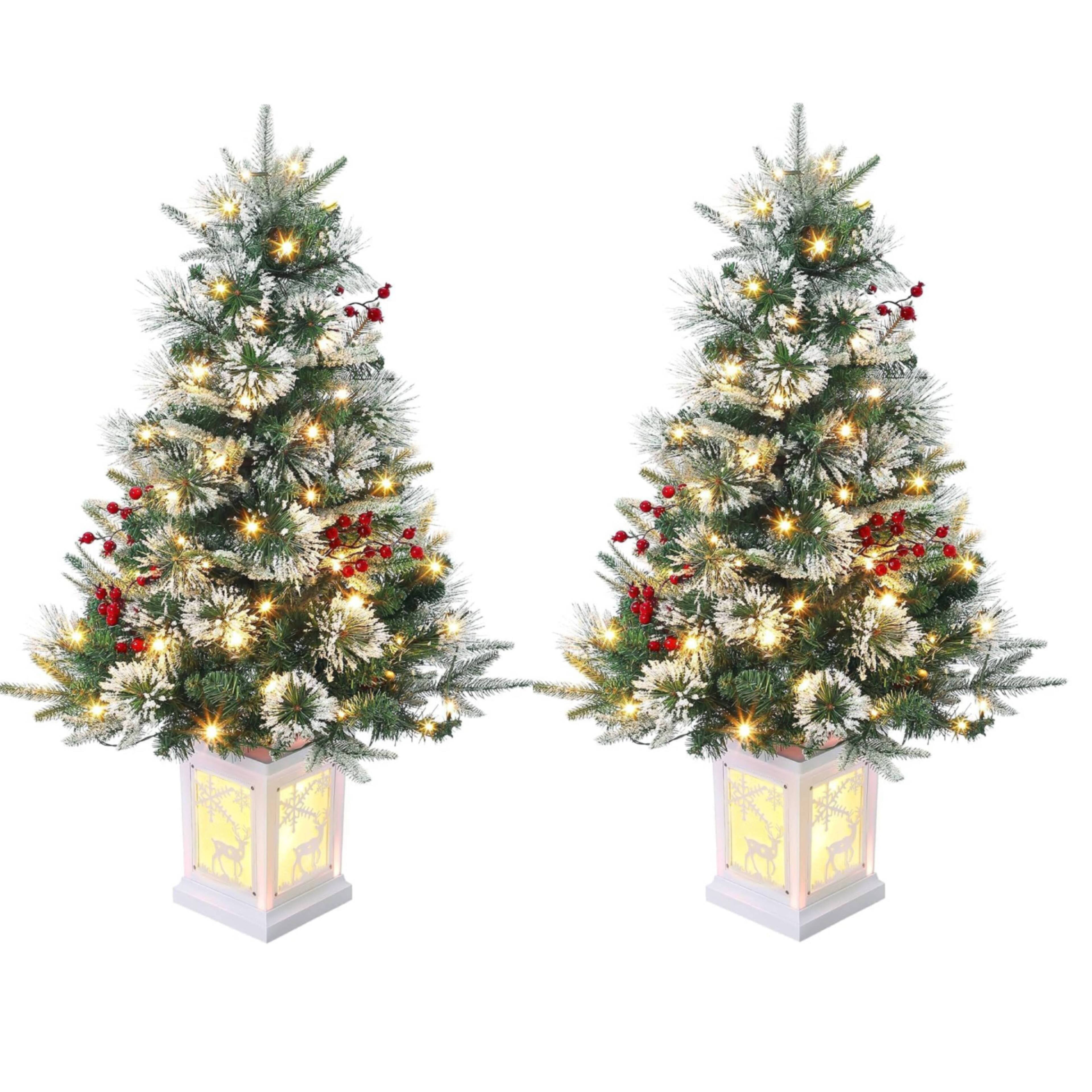 Front. Acekool - Clearance! 2 Pcs 3FT Prelit Artificial Desktop Christmas Tree with Deer Lightbox, Snow Flocked, Tabletop Set - Green.