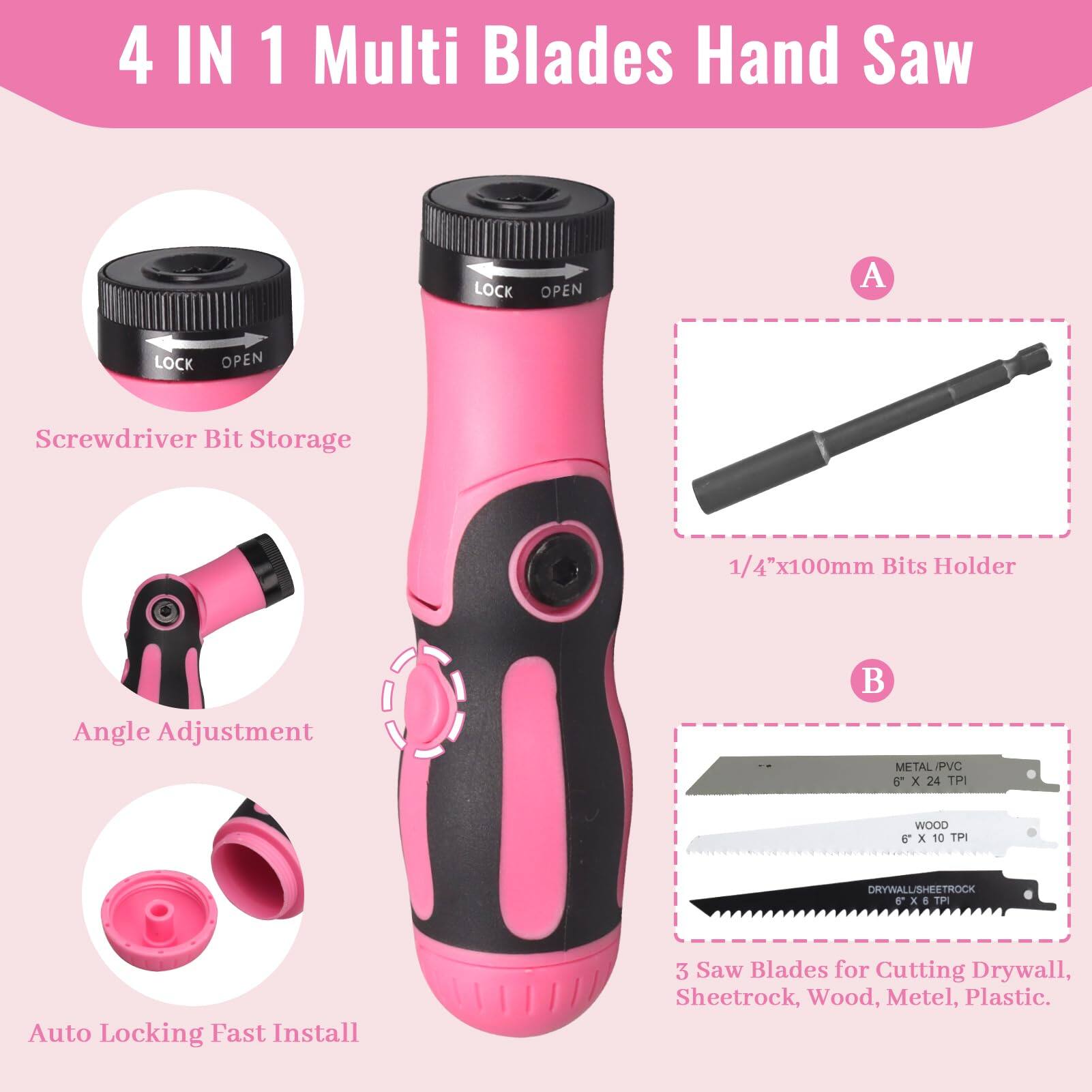 4 IN 1 Multi Blades Hand Saw

- LOCK OPEN
- Screwdriver Bit Storage
- Angle Adjustment
- Auto Locking Fast Install

1/4"x100mm Bits Holder

3 Saw Blades for Cutting Drywall, Sheetrock, Wood, Metal, Plastic.

- METAL/PVC: 6" x 24 TPI
- WOOD: 6" x 10 TPI
- DRYWALL/SHETROCK