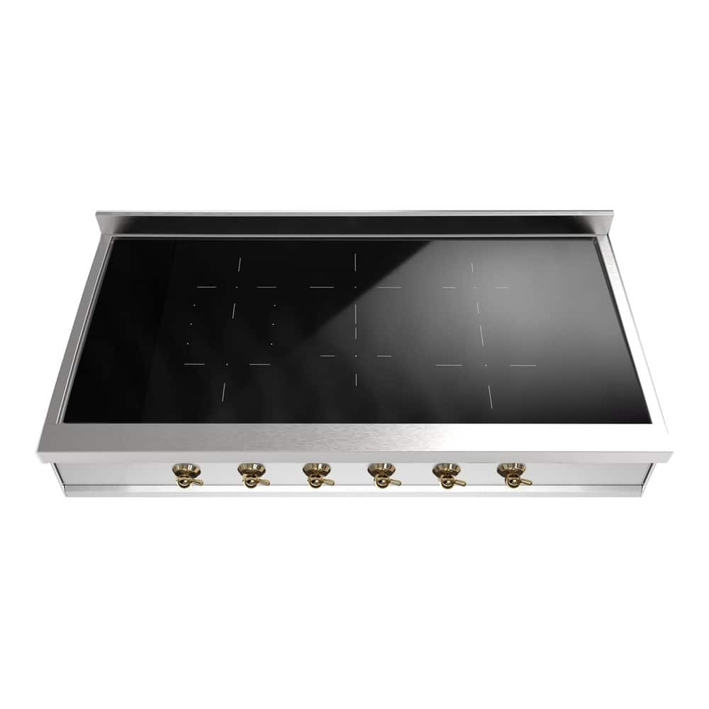 ILVE - Nostalgie II 48 inch Built-In Induction Rangetop with 6 Elements ( Brass Trim) - Stainless Steel