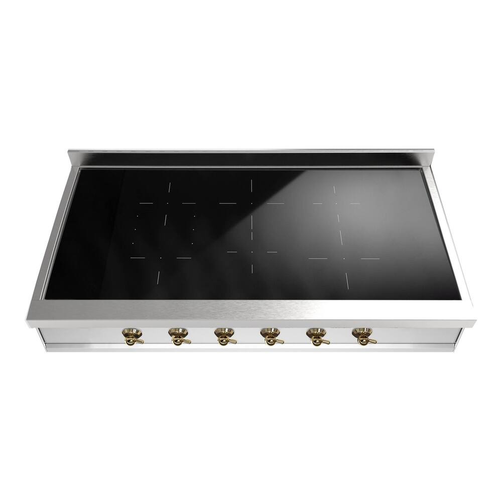 Front. ILVE - ILVE Nostalgie II 48 inch Built-In Induction Rangetop with 6 Elements (Stainless Steel, Brass Trim) - Stainless Steel.