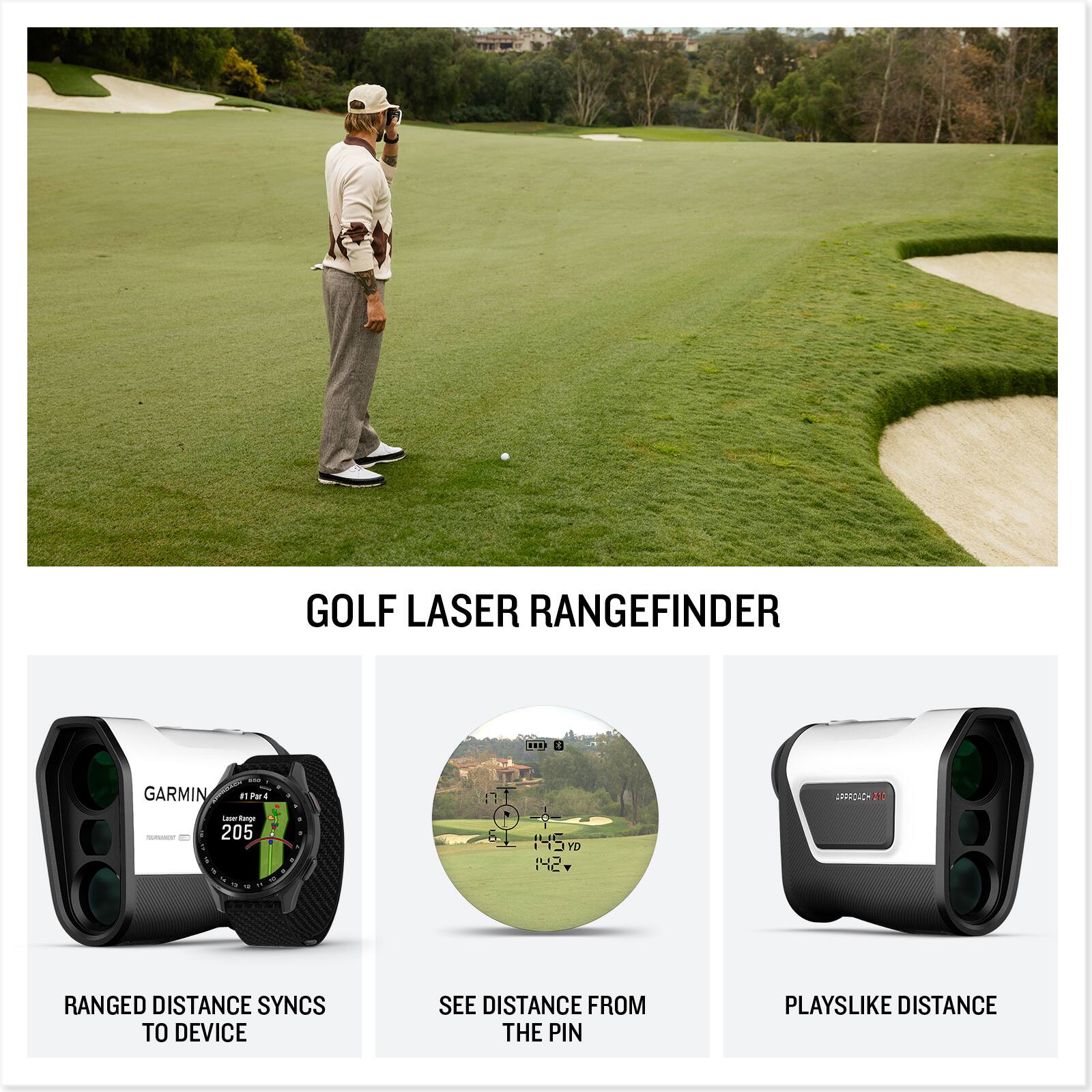 GOLF LASER RANGEFINDER - GARMIN - mva i Kange - 205 ...  OH a 145 PD 142+ no 210 RANGED DISTANCE SYNCS TO DEVICE SEE DISTANCE FROM THE PIN PLAYSLIKE DISTANCE