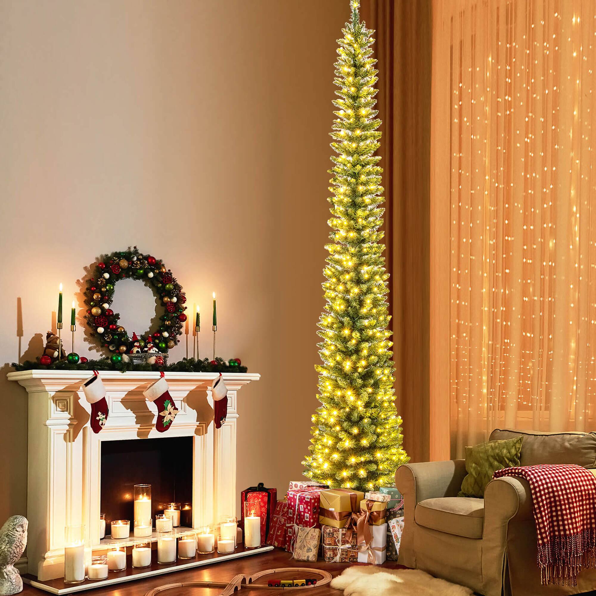 Alt View 4. Costway - Costway 9 FT Pre-Lit Pencil Christmas Tree with 400 LED Lights & 699 Branch Tips Party - Green.