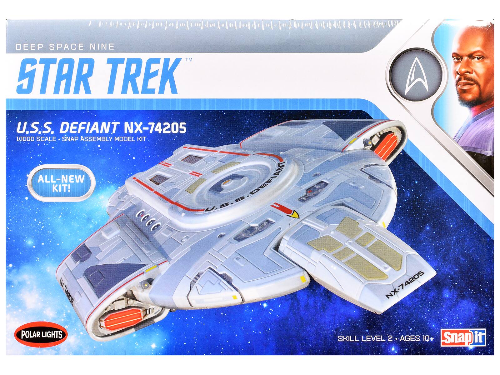 Sure, here is the corrected and grouped text from the image:

---

**DEEP SPACE NINE**

**STAR TREK**

**U.S.S. DEFIANT NX-74205**

**1/1000 SCALE • SNAP ASSEMBLY MODEL KIT**

**ALL-NEW KIT!**

**POLAR LIGHTS**

**SKILL LEVEL 2 • AGES 10+**

**Snap it**

---

**U.S.S. DEFIANT NX-74205**

**1/1000 SCALE • SNAP ASSEMBLY MODEL KIT**

**ALL-NEW KIT!**

**POLAR LIGHTS**

**SKILL LEVEL 2 • AGES 10+**

**Snap it**

---

**U.S.S. DEFIANT NX-74205**

**1/1000 SCALE • SNAP ASSEMBLY MODEL KIT**

**ALL-NEW KIT!**

**POLAR LIGHTS**

**SKILL LEVEL 2 • AGES 10+**

**Snap it**

---

**U.S.S. DEFIANT NX-74205**

**1/1000 SCALE • SNAP ASSEMBLY MODEL KIT