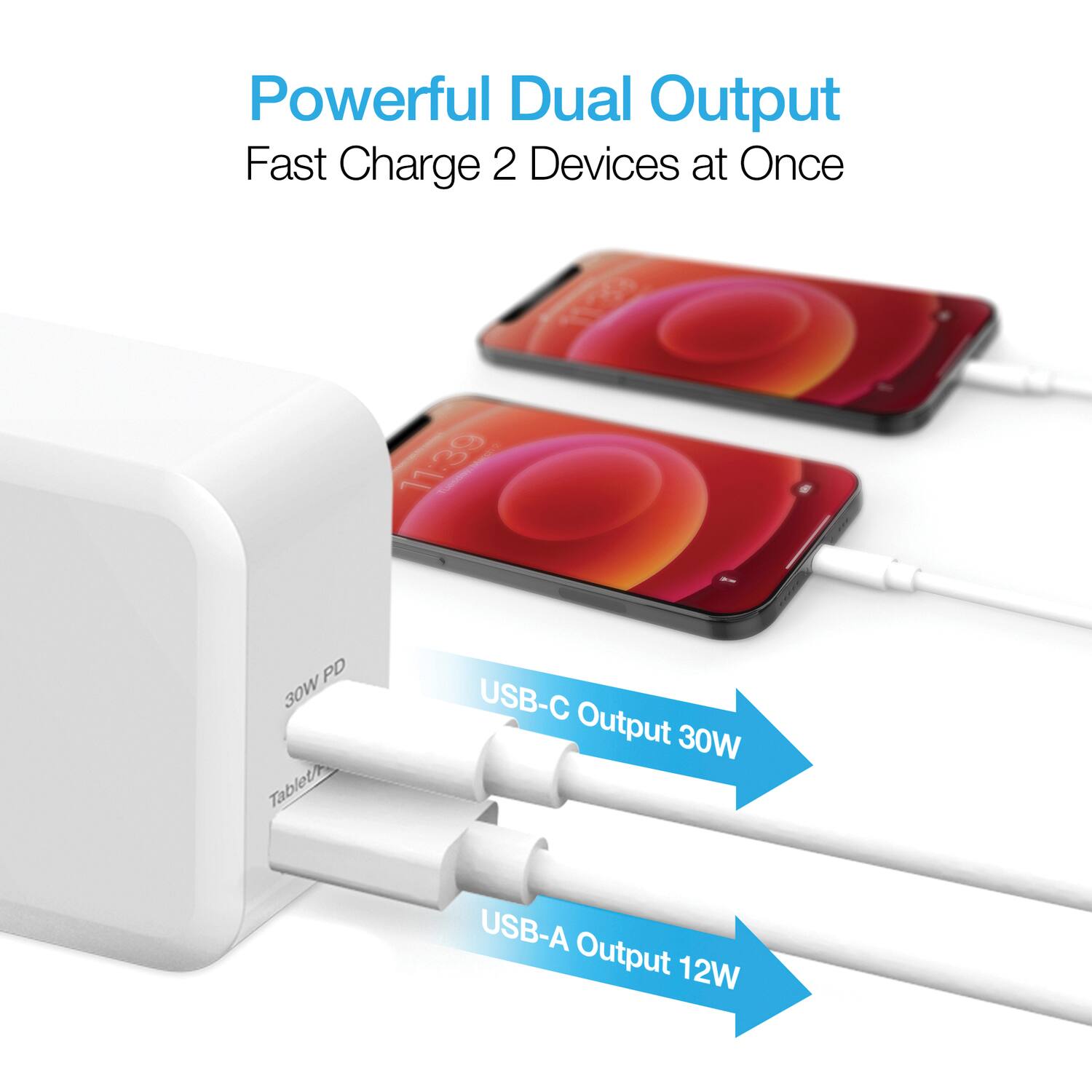 Powerful Dual Output  
Fast Charge 2 Devices at Once  

USB-C Output 30W  
USB-A Output 12W