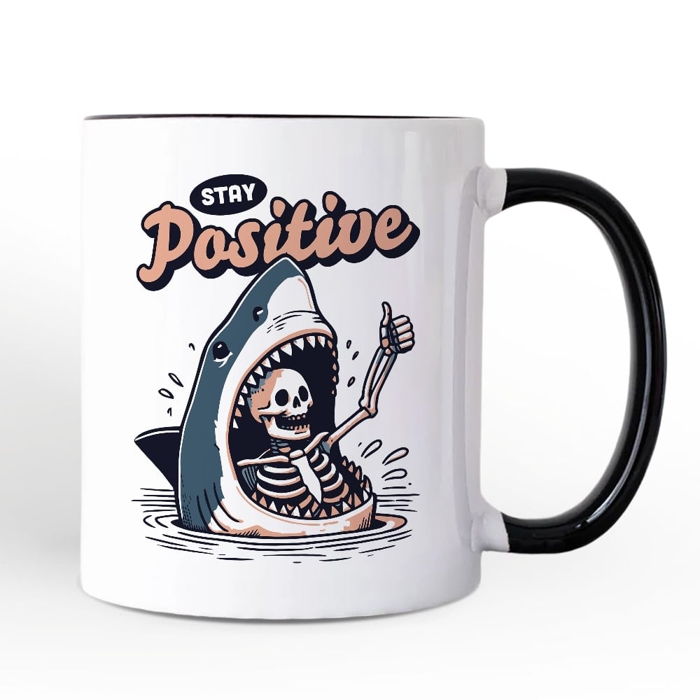 OrnamentallyYou - Stay Positive Funny Shark and Skeleton Mug, Mental Health Motivational Gift - White
