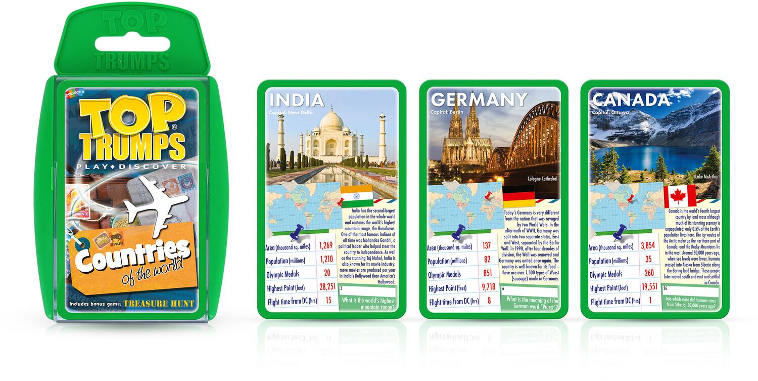 TOP TRUMPS COLLECTS TOP TRUMPS PLAY DISCOVER INDIA Capital: New Delhi GERMANY Capital: Berlin Cologne Cathedral CANADA Capital: Ottawa

INDIA
- Area (thousand miles): 1,269
- Population (millions): 1,210
- Olympic Medals: 20
- Highest Point (feet): 28,251
- Flight time from DC (hrs): 15
- What is the world's highest mountain range? Himalayas

GERMANY
- Area (thousand miles): 137
- Population (millions): 82
- Olympic Medals: 851
- Highest Point (feet): 9,718
- Flight time from DC (hrs): 8
- Today's Germany is different from the nation that existed before World War II. Germany was separated into two states, East and West, separated by the Berlin Wall. In 1990, after the end of the Cold War, the Berlin Wall was removed, and Germany united as one country.

CANADA
- Area (thousand miles): 3,854
- Population (mill