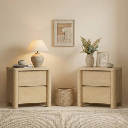 Front. ModernMate - Nightstand with 2 Drawers Curved Modern 25.6"W Nightstand End Table for Bedroom Living Room - Natural Oak.