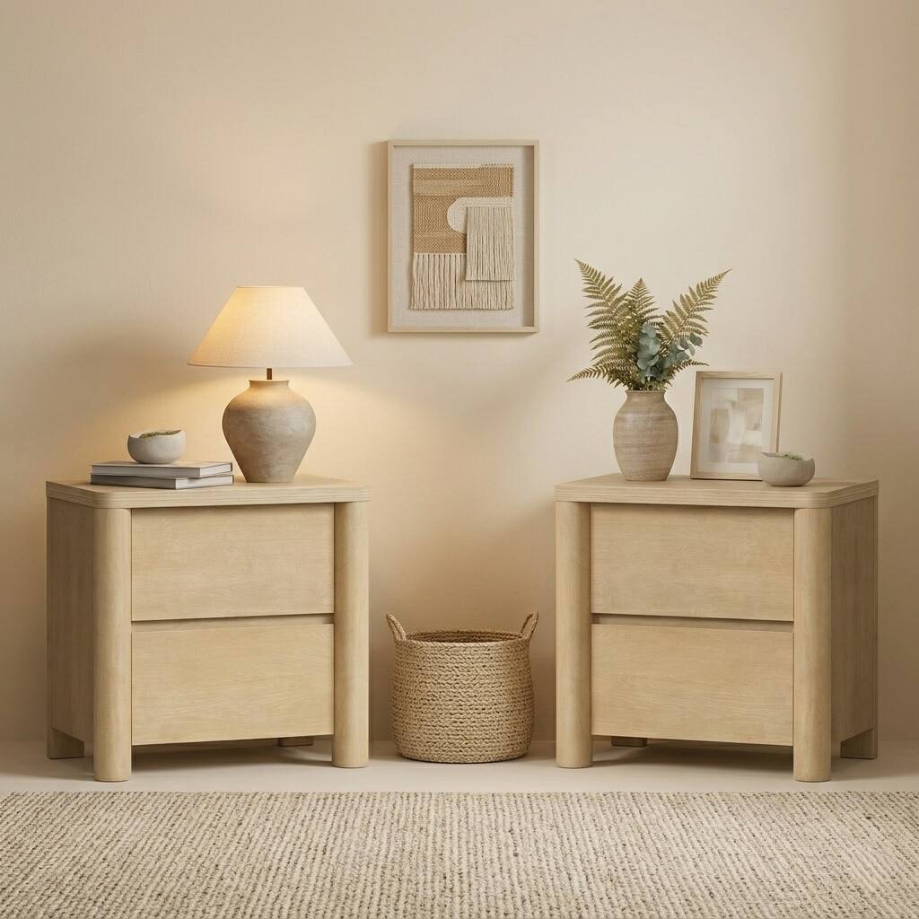 Front. ModernMate - Nightstand with 2 Drawers Curved Modern 25.6"W Nightstand End Table for Bedroom Living Room - Natural Oak.